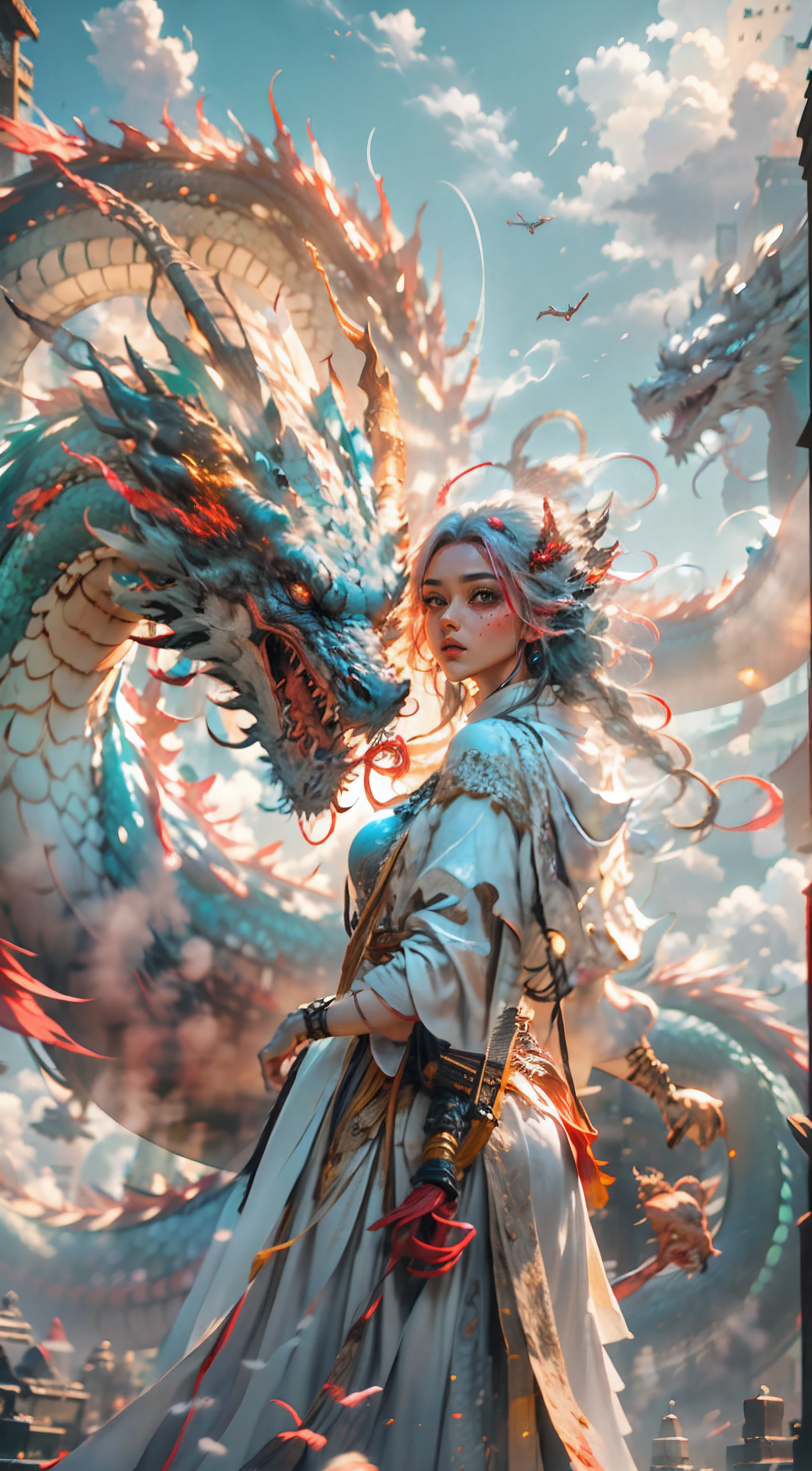 DragonCute, 1girl, solo, long_hair, silver hair, ribbon, standing, hair_ribbon, dragon hug, outdoors, horns, sky, day, cloud, mini skirt, from_side, blue_sky, floating_hair, (dragon), (eastern_dragon),(dragon hug),
<lora:DragonCute:0.6>, ultra realistic,32k,RAW photo,(high detailed skin:1.2), 8k uhd, dslr, soft lighting, high quality, film grain, abstract, cloud, flower, dreamwave, <lyco:GPTS4 dreamwave full_478773:0.6>, ultra realistic,32k,RAW photo,(high detailed skin:1.2), 8k uhd, dslr, soft lighting, high quality, film grain