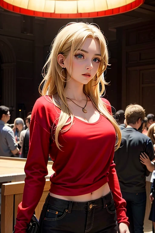 Erica Blundelli, Blonde woman in casual clothes in red and black colors.