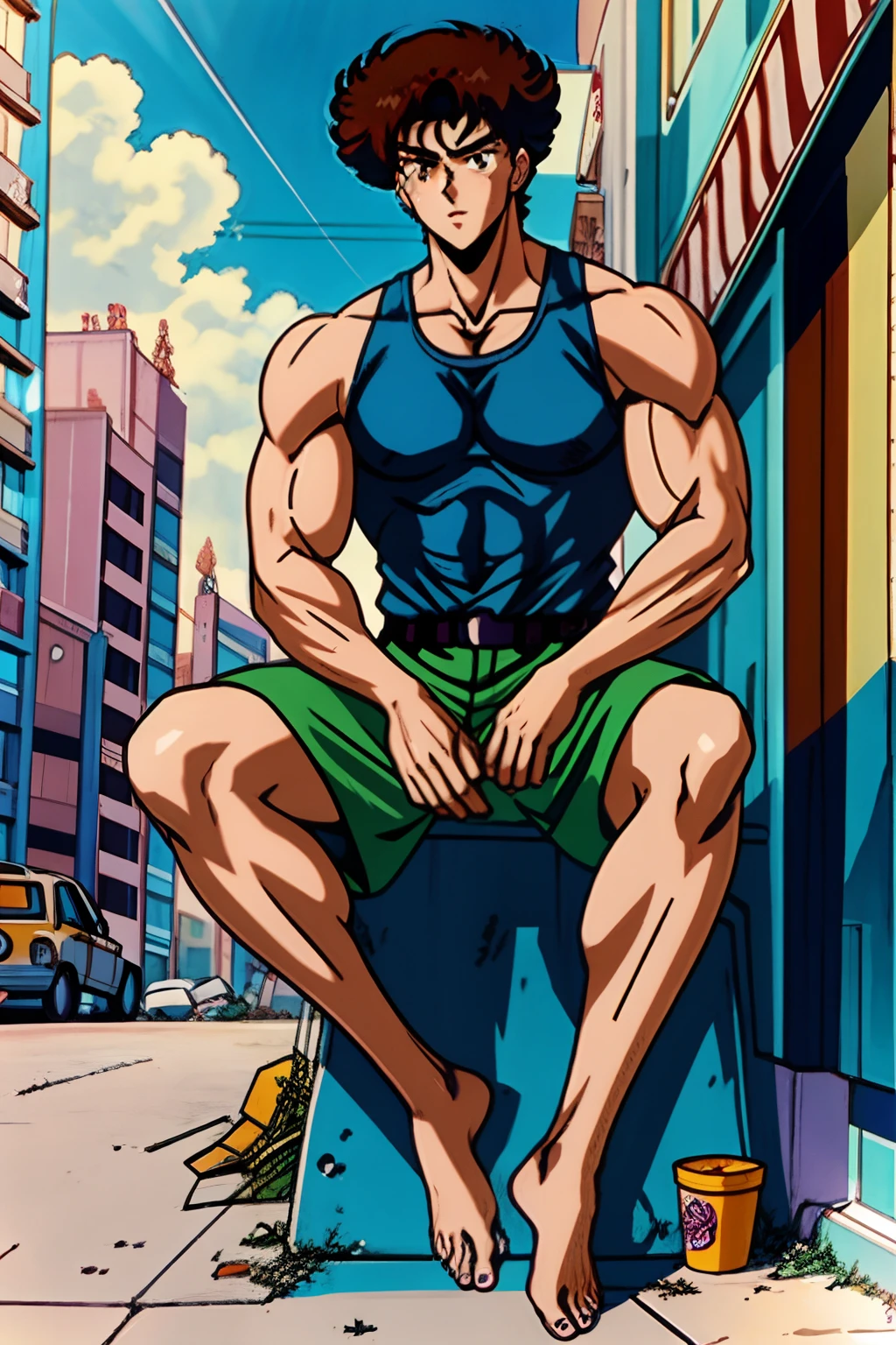 1boy, Pale anime character with a muscular body and a brown tank top, anime handsome man, male anime character, muscular character, official art, joseph joestar, tall anime guy with brown eyes, Hajime Yatate style, Brown curly hair, Slum background, barefoot, well drawn Eyes,