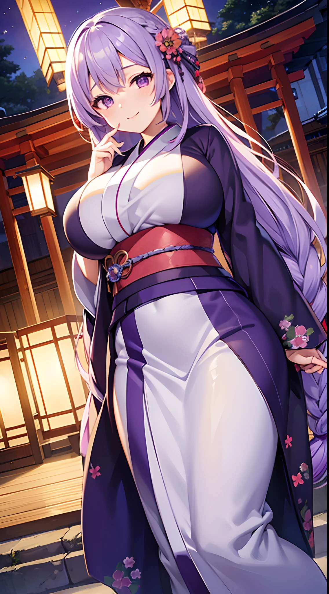 one arafed woman with purple hair and green eyes, japanese tattoo sleeve on her right arm, nsfw, japanese temple