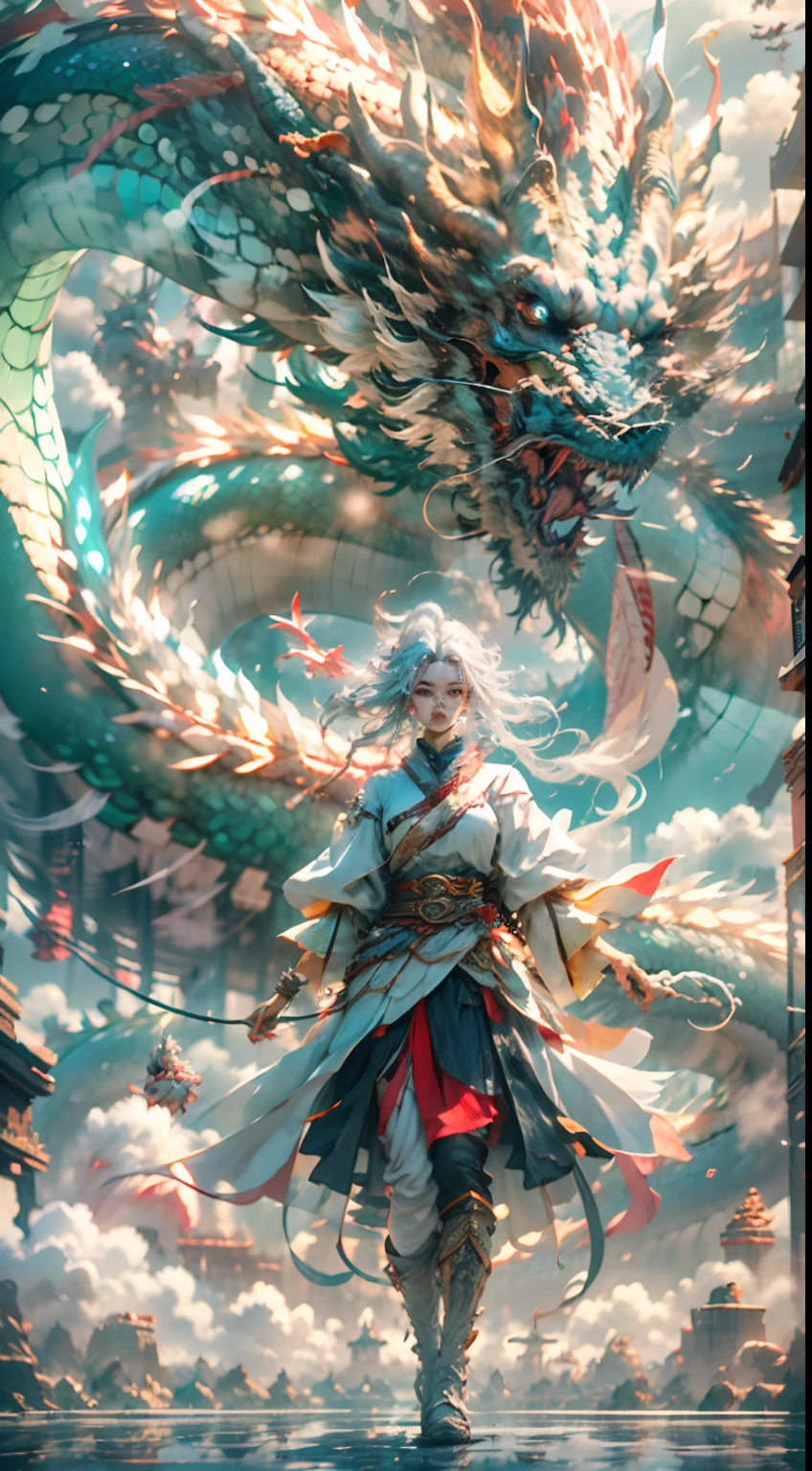 The Chinese White Divine Dragon soared into the air,(Girl manipulates dragons:1.3),(The girl has her back to the camera:1.3),Sky clouds surround the surroundings,Light magic,Fantastic background,Meaning background,Ridiculous background,There are artistic overlays,multicolored hair, surrealism, Cinematic lighting, Ray tracing, god light, speed-line, angle of view, hyper HD, Masterpiece, Best quality, Super detail, A high resolution, High quality,(Far view:1.3)