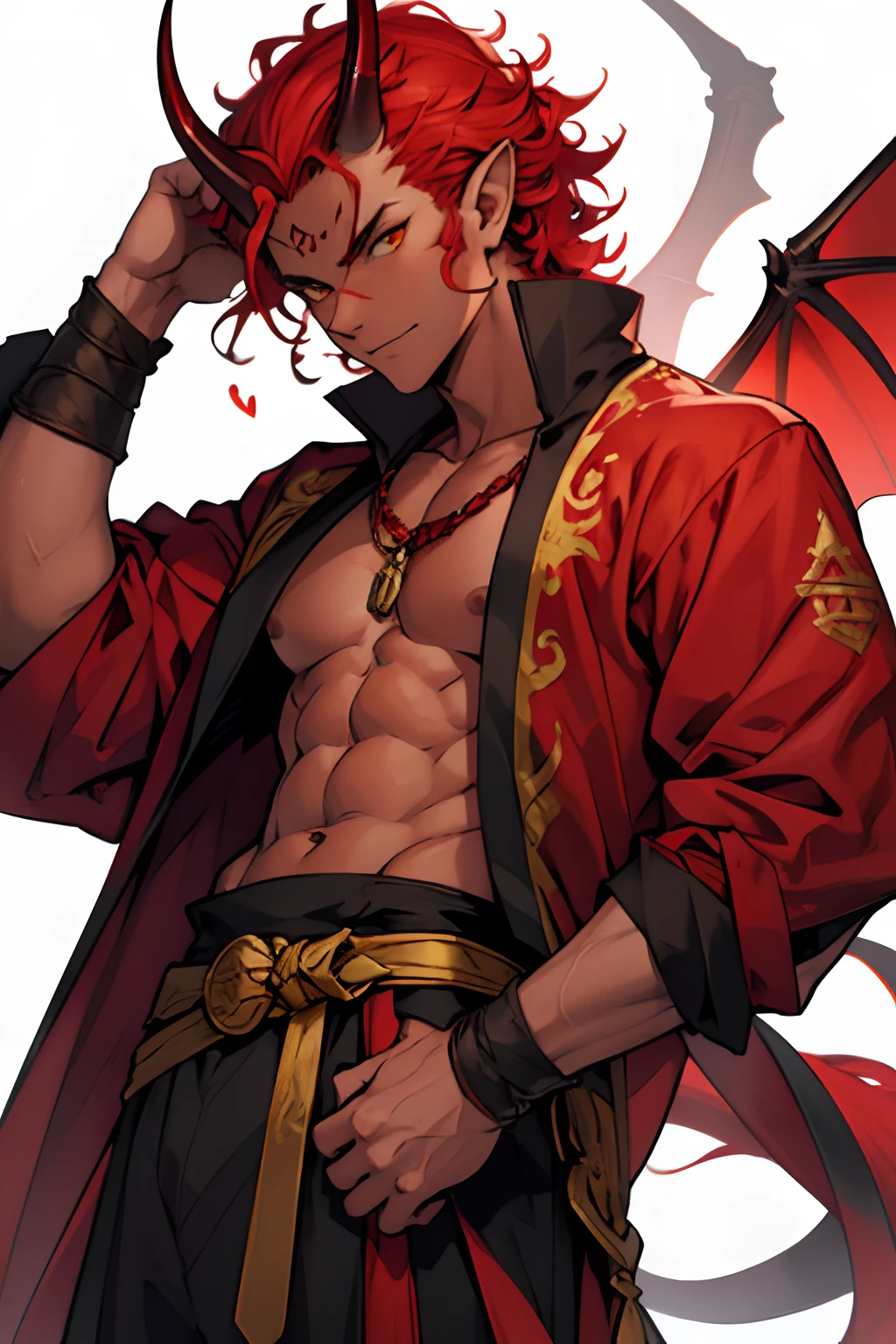 (Anime-style), (2D-illustration), 1boy, solo, looking at viewer, cowboy shot, male focus, mature male, highly detailed, vibrant colors, composite lighting, professional shading, (white background:1.5), (blank background:1.5), masculine shapes, sharp and crisp image, high quality textures, perfectly structured, natural proportions, grin, open mouth, (((tongue out))), fangs, rugged face, red eyes, intense, sanpaku-eyes, soulful, wide-set, almond-eyes, dark red hair, (Shaved sides), mohawk, (nape undercut), spiked hair, Chiseled abs, (fur trim), gold scale, tall, ((white cape)), necklace, earrings, Fringe, jewelry ornament, gold Embroidery, topless, detailed clothes, detailed face, best quality,