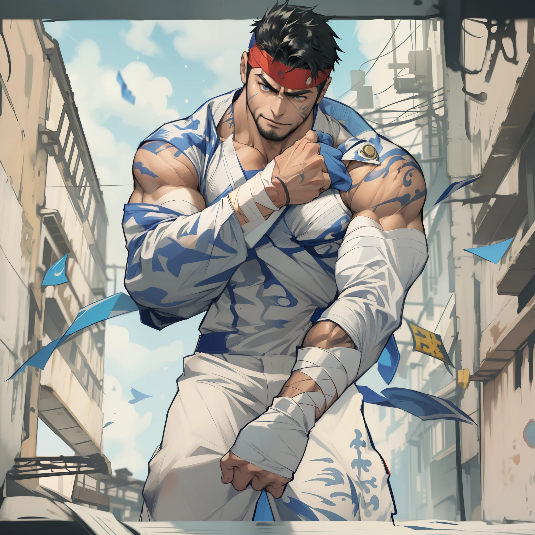 Anime character with bandages on her arms and arms, em uma cidade, musculoso! Cyberpunk, muscular male hero, super buff e cool, musculoso!!, personagem de jogo de luta, muscular character, pose, Rasgado, postura poderosa, musculoso!, inspired by Ryūsei Kishida, Ryu, Street Fighter, postura de luta, Kawacy, Melhor Avaliado em Pixiv