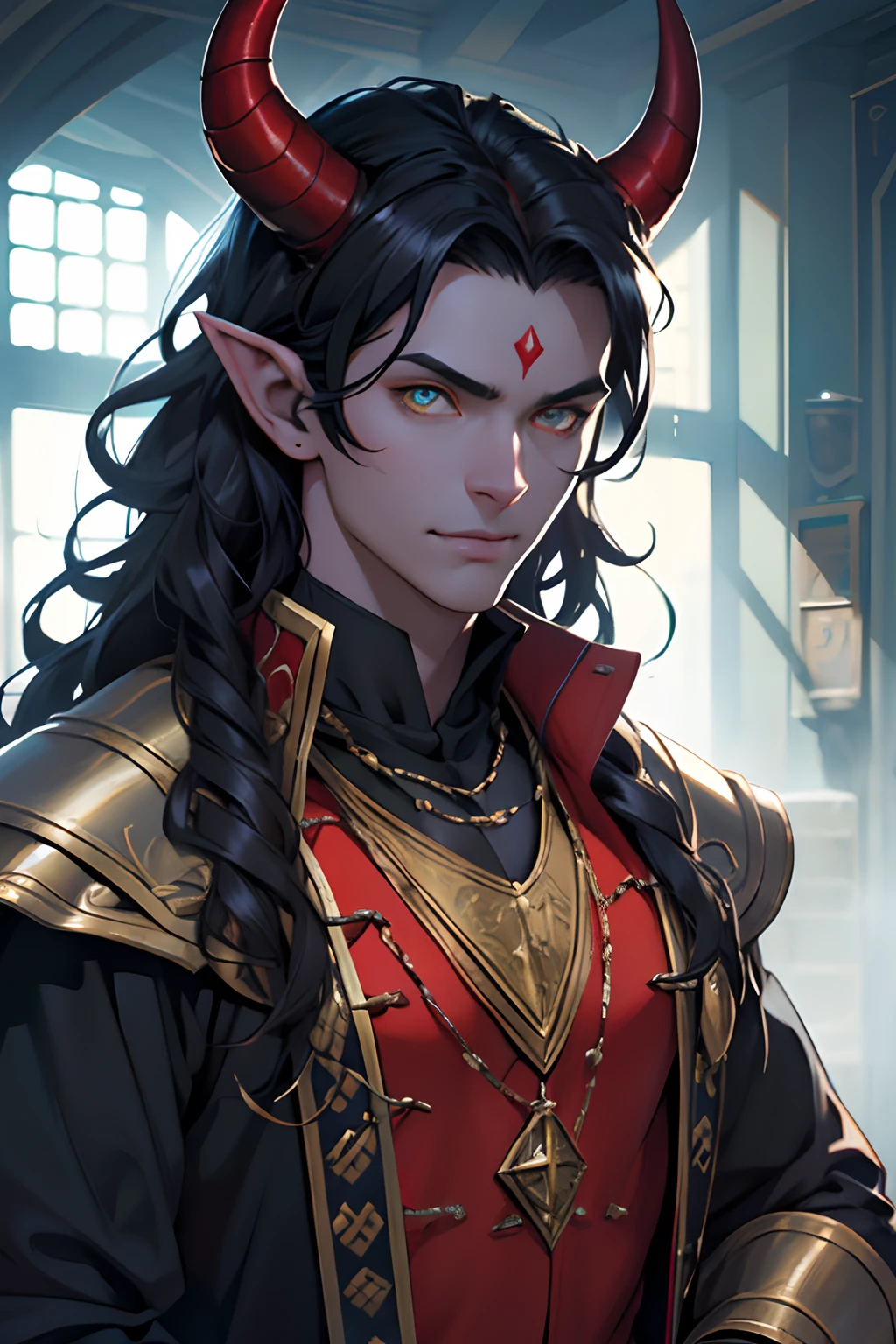 beste-Qualit, tmasterpiece, extra high resolution, Detailed, realisti, 独奏, The Man with the Red Skin, with horns, Fantasy City Resident Clothes, black hair, blue skin color, Completely blue, curls that grow from the forehead, blue skin, Yellow eyes, tiefling, Devil's Tail, blue skin color ,without wings, in full height, no wings, in clothes, Resident's clothes, fantasy, Medieval times, inhabitant, D&D, Horror \(subject\), Dark Fantasy, Depth of field, non-human,Ultra-detailed:, Finely detailed, Ultra-detailed, centered, scale to fit the dimensions, the rule of thirds, hight resolution, sharp-focus,Ultra Detailed, Extremely detailed,Photorealistic works of art,чрезвычайно детализированные CG Unity 8k ,bright colours, A striking theme, Intricate, Masterpiece, Best Quality.