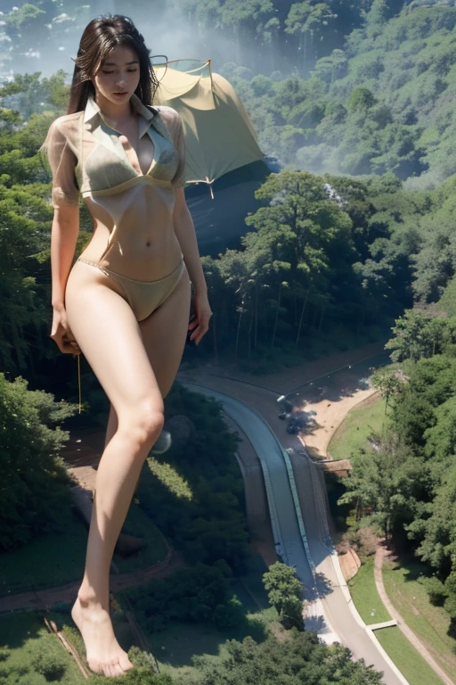 ((top-quality、in 8K、masterpiece:1.3、Raw photo))、Super high quality photos, ((In the dense forest)), ((Aerial Photography)), Japan Top Idol Women With Perfect Beauty, Perfect beauty, ((slim figure))、((der riese))、((Wear a white see-through shirt)), ((not wearing bra)), (( are protruding)), tropical jungle、 (Photorealistic: 1.4), (Ultra-high detail), (hyper realisitic: 1.4), (Realistic: 1.3), (Smooth lighting: 1.05), 1girl in, Solo, (Japanese actressl), 20yr old, Full body, ((camel's toe)), ((der riese)), Size difference, cinematlic lighting, ((slim thigh)), ((Perfect beauty)), ((The most beautiful face)), ((Transcendent beauty)),tropical jungle、((In the dense forest)), ((slim figure)), ((Some very small tents at the campsite)), Small camper van, ((Small people々is running away)),((Aerial Photography)), Real rain, wetting hair, (( are protruding)), ((camel's toe)),