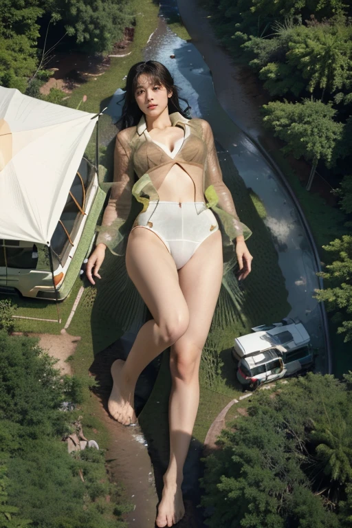 ((top-quality、in 8K、masterpiece:1.3、Raw photo))、Super high quality photos, ((In the dense forest)), ((Aerial Photography)), Japan Top Idol Women With Perfect Beauty, Perfect beauty, ((slim figure))、((der riese))、((Wear a white see-through shirt)), ((not wearing bra)), (( are protruding)), tropical jungle、 (Photorealistic: 1.4), (Ultra-high detail), (hyper realisitic: 1.4), (Realistic: 1.3), (Smooth lighting: 1.05), 1girl in, Solo, (Japanese actressl), 20yr old, Full body, ((camel's toe)), ((der riese)), Size difference, cinematlic lighting, ((slim thigh)), ((Perfect beauty)), ((The most beautiful face)), ((Transcendent beauty)),tropical jungle、((In the dense forest)), ((slim figure)), ((Some very small tents at the campsite)), Small camper van, ((Small people々is running away)),((Aerial Photography)), Real rain, wetting hair, (( are protruding)), ((camel's toe)),