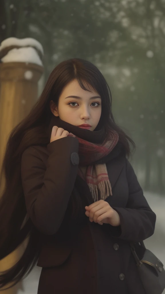 focus:1.2,beautiful brunette girl,Real photography ,winter, Snowfall outside, Fairytale Forest,Change of background to fairytale winter forest,fairytale ,Snowflakes on the street,perfect figure beautiful woman:1.4,,Better facial quality, Ultra-high facial detail,Ultra-high pupil detail,Slender figure,Smaller bust,in the winter season,a scarf,exterior,rays of sunshine,