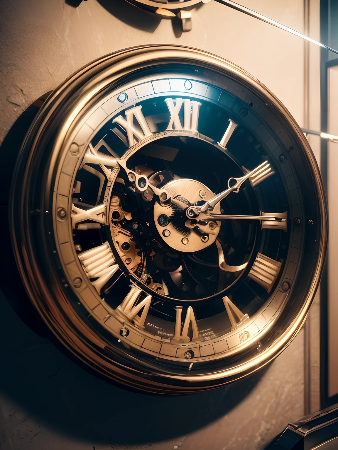 product image, Masterpiece, Best quality,tmasterpiece，best qualtiy，rendering by octane，hdr，(Best shadows), Close-up of a wall clock，There are artworks hanging on the walls,(mechanical clock:1.5), sense of science and technology，Transparent housing, You can see the intricate mechanical parts inside，Vibrant colors, Surreal elements, Symbolism, Create digital artwork in Pop Art style, Detailed close-up，the detail，simplebackground, particle fx, Isometric 3D, Octane rendering, Ray tracing, Super detailed