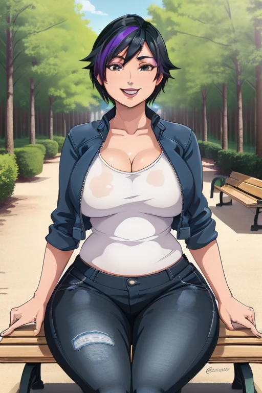 (GogoWaifu:1), Cute, Smile, sexy pose, looking a viewer, :D, ((busty giant breast)), breasts apart, ((wide hips)), (jacket, Shorts, pants:1.2), (Realistic:1.2), (realistness), (Masterpiece:1.2), (Best Quality), (Ultra Detailed), (8K, 4k, Intricate),(full-body-shot:1), large head, (cowboy  shot:1.2), (85mm),light particles, illumination, (Highly detailed:1.2),(Detailed Face:1.2), (gradients), Colorful, 詳細な目, ((bench, sitting on a bench, Behind the trees)),(Detailed background),Detailed landscape, (Dynamic Angle:1.2), (dynamicpose:1.2), (rule of third_composition:1.3), (line of action:1.2), wideshot, 独奏, day light,