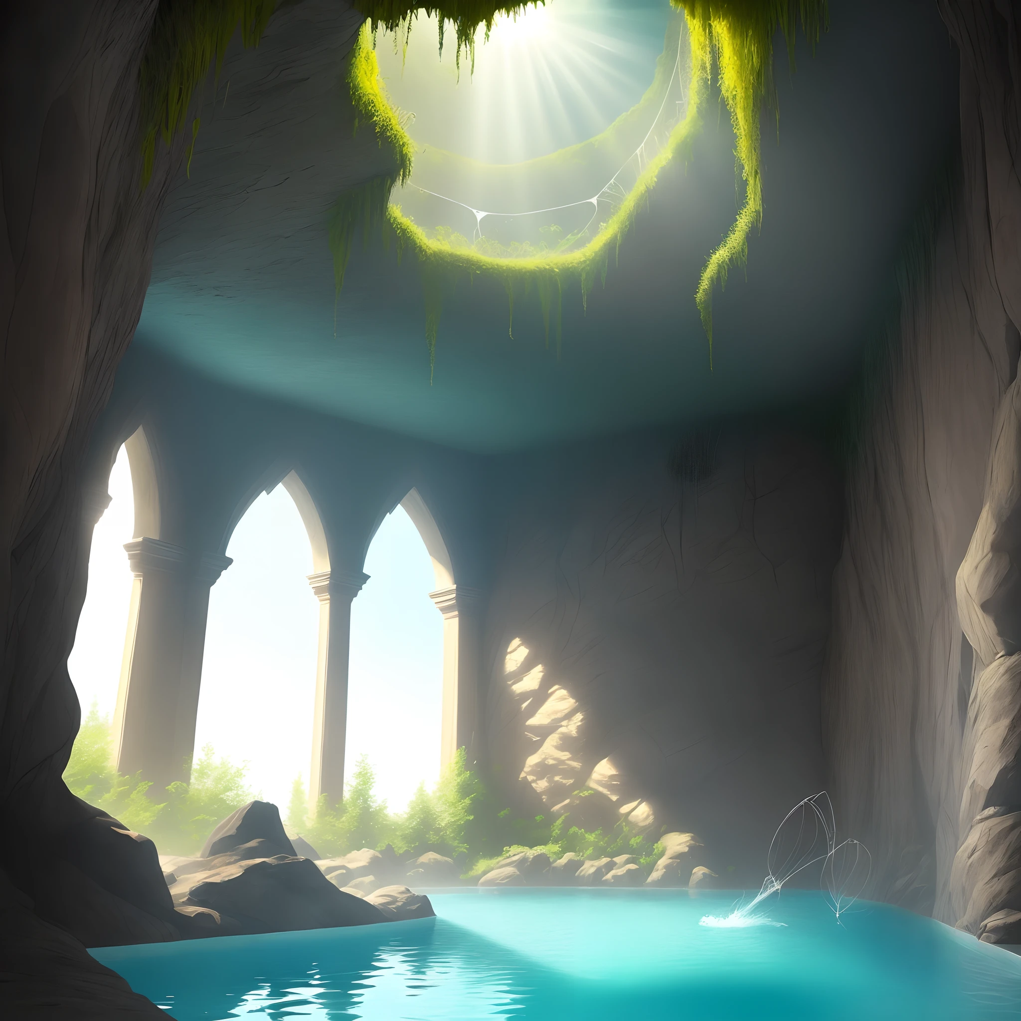 Spider webs, cavern, femine shaped
webbed bodies, gaint spiders crawling on walls, ray of light, pool of greenish water