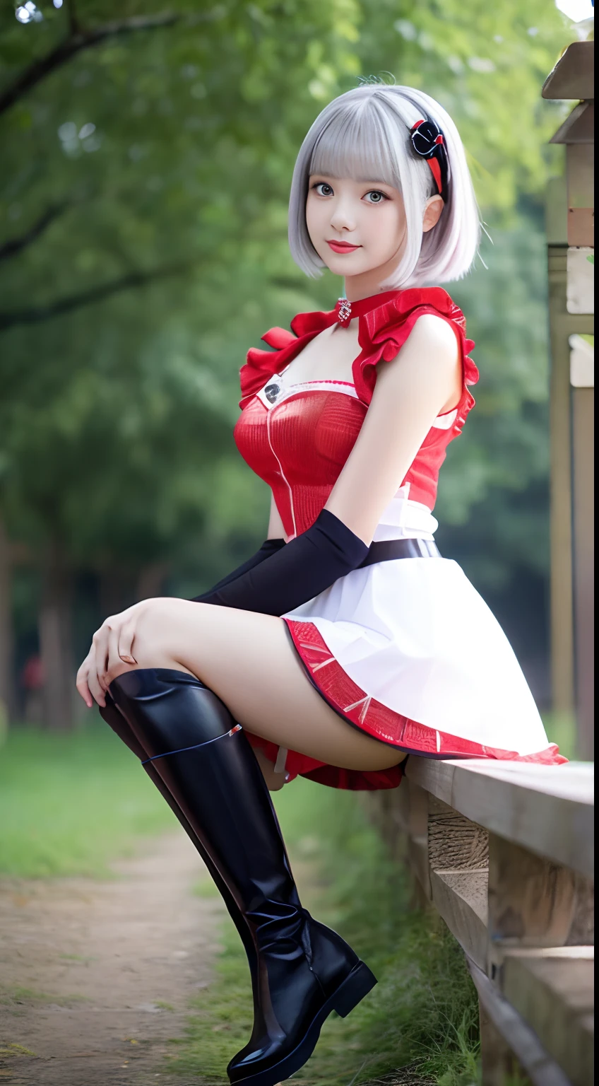 Woman knight、Princess Knight，frilly dress，kawaii，The most beautiful girl in the world，perfectly proportions，Silver hair short hair with red mesh，Wearing shorts inside a miniskirt，Wear knee socks and knee-length black boots，A face with a confident and gentle expression，smaller head，Perfect good looks，［Resolve in the near future world，Accompanied by a raven，Aerial Train Background