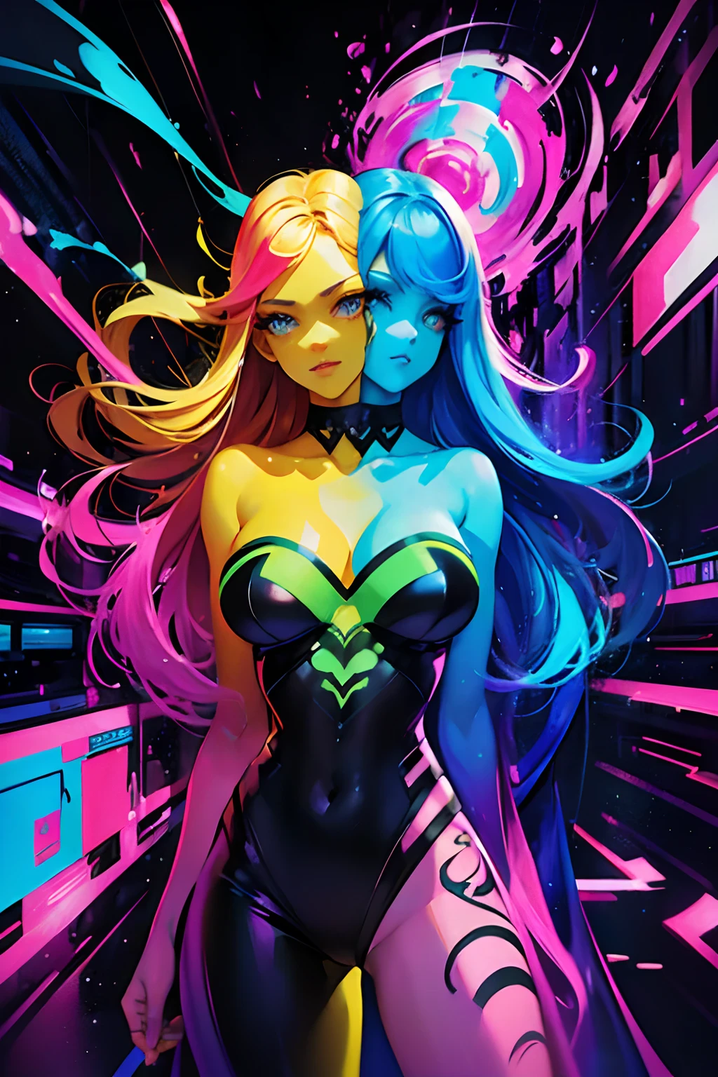 (masterpiece, best quality), best resolution, (2heads:1.5), 1girl, Woman with long light hair and bright makeup, perfect clear face, perfect anatomy, painting of a, Vivid neon ink painting, Vibrant digital painting, Vibrant digital art, colorful art, art of alessandro pautasso, vibrant cartoon art, jen bartel, colorful digital art, Colorful paintings, Colorful Digital Painting, Hypercolor Digital Art, Vivid paintings, Full-color digital art, colourful drawing, vibrant fan art