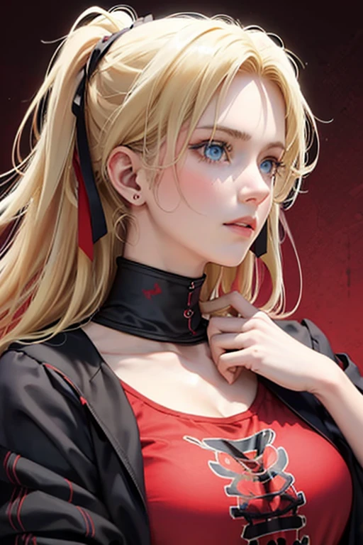 Erica Blundelli, Blonde with (blue eyes) em (casual wear in red and black tones: 1.1), (He wears a black bandage on his head: 1.1)