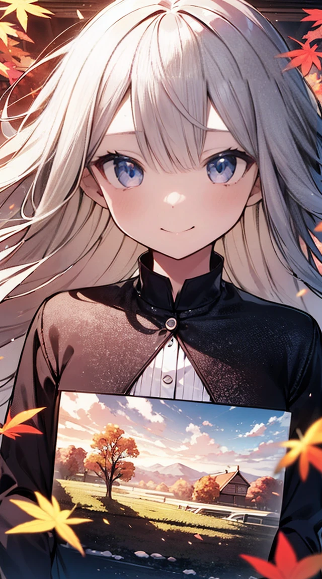 masutepiece, Best Quality,Illustration, Wallpaper, ultra -detail, Absurd beauty, 1beautiful girl、Bright hair color、Glitter and big eyes、Hair fluttering in the wind、♡、Smaller head、Autumn landscape、miscievous smile