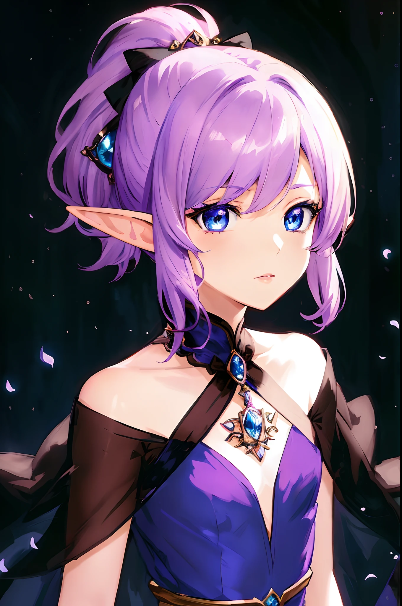 anime girl with purple hair and blue eyes in a purple dress, elf girl, anime in fantasy style, blue elf, portrait knights of zodiac girl, elf princess, detailed digital anime art, lalafell, an elf queen, rem rezero, beautiful elf with violet skin, beautiful anime portrait, portrait of an elf queen, portrait of an elf