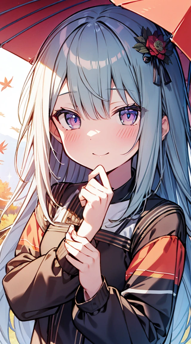masutepiece, Best Quality,Illustration, Wallpaper, ultra -detail, Absurd beauty, 1beautiful girl、Bright hair color、Glitter and big eyes、Hair fluttering in the wind、♡、Smaller head、Autumn landscape、miscievous smile