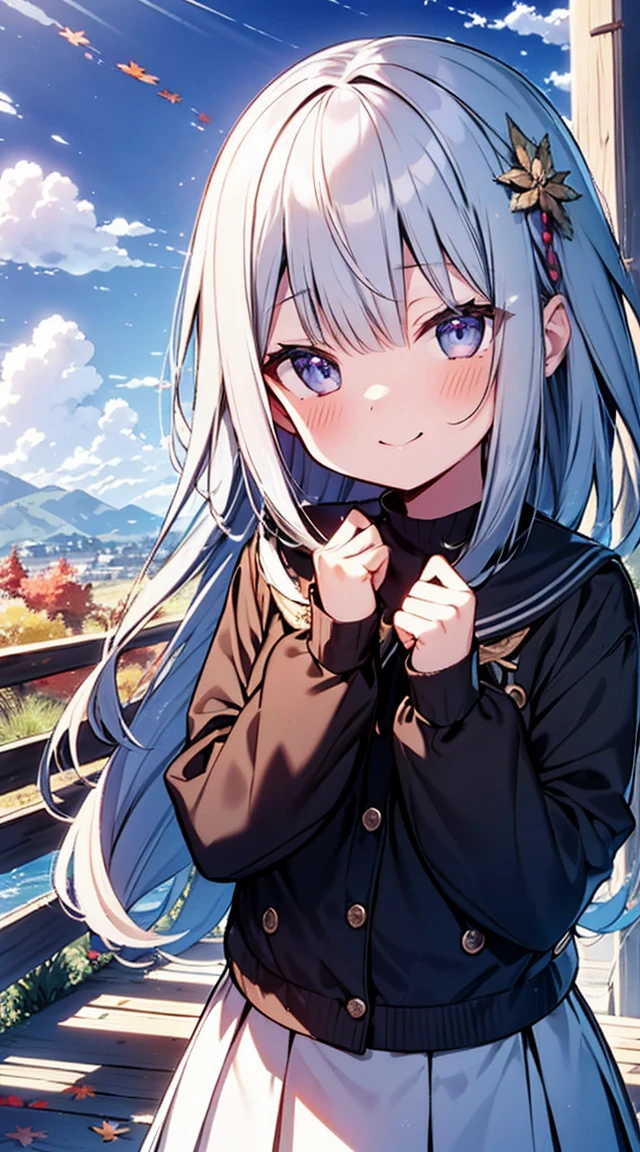 masutepiece, Best Quality,Illustration, Wallpaper, ultra -detail, Absurd beauty, 1beautiful girl、Bright hair color、Glitter and big eyes、Hair fluttering in the wind、♡、Smaller head、Autumn landscape、miscievous smile