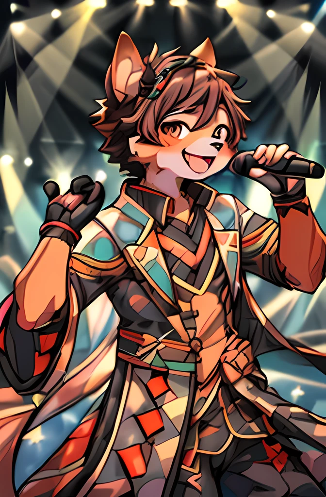 top-quality，best qualityer，rzminjourney，vectorial art，High quality illustrationtiz，tmasterpiece）（komono，furry anthro），Idol put on singing costumes，Background stage，Performance stage background,brown hair, round form，Bust，(Boy black humanoid dog:1.2), Smiling，Super detailed illustration，solo person