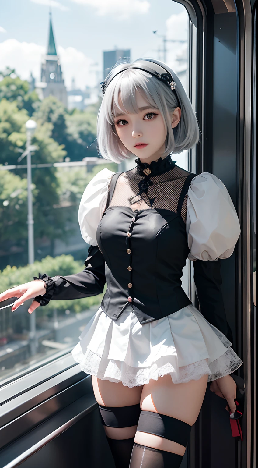 Woman knight、Princess Knight，frilly dress，kawaii，The most beautiful girl in the world，perfectly proportions，Silver Hair Shorthair with Red Mesh，Wear shorts inside a miniskirt，Wear knee socks and knee-length black boots，A face with a confident and gentle expression，Smaller head，Perfect good looks，［Determination in a near-future world，Accompanied by crows，Aerial Train Background