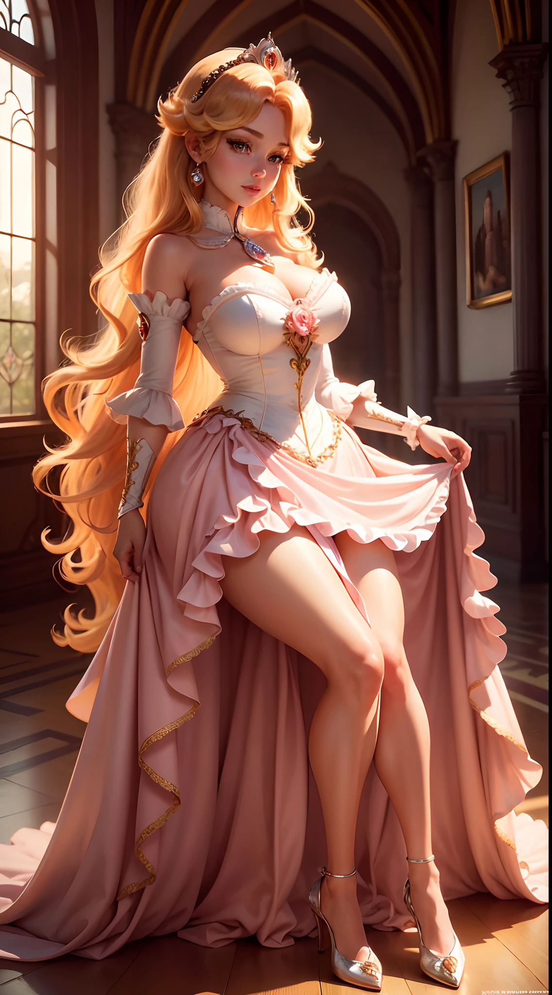 (highly detailed,illustration,intricate,attractive body, beautiful face, beautiful eyes,beautiful lips,extremely detailed face,long eyelashes), ((Full body picture)), cinematic, potrait, dynamic lighting, most beautiful picture, heavenly, ((Pincess Peach from mario)), crown, ((pixar animation style)), (best quality,4k,8k,highres,masterpiece:1.2),ultra-detailed,vivid colors,sharp focus,portraits, castle landscape,studio lighting, big breasts, sexy.