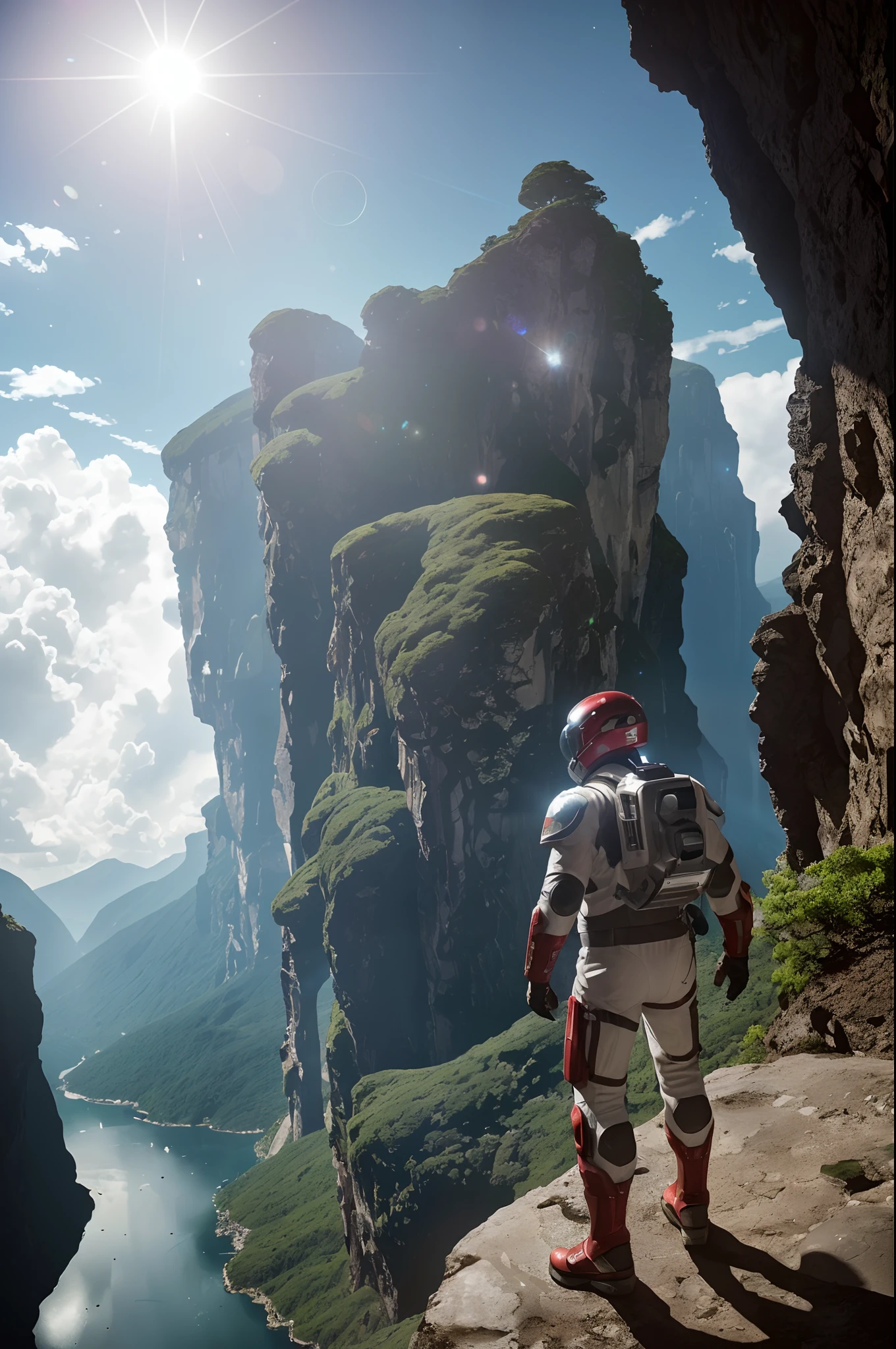 (35mmstyle: 1.2), highly detailed RAW color photo, back corner, full body, (female space marine, wearing white and red spacesuit, futuristic helmet, tinned mask, rebreather, prominent loot), outdoors, (standing on a cliff tall Rocky Mountains, looking out at the magical lush green rainforest on an alien planet), vivid details, (exotic alien planet), toned body, big ass, (sci-fi), (Mountains: 1.1), (Lush green vegetation), (Two Moon in the sky: 0.8), (Very detailed, Ultra-detailed, Complex), (Lens flare: 0.7), (Halo: 0.7), Particle effects, ray tracing, cinematic lighting, shallow depth of field, Shot on Sony a9 II, 35mm wide-angle lens, clear focus, motion picture film, from Gravity 2013, seen from behind, dynamic angle