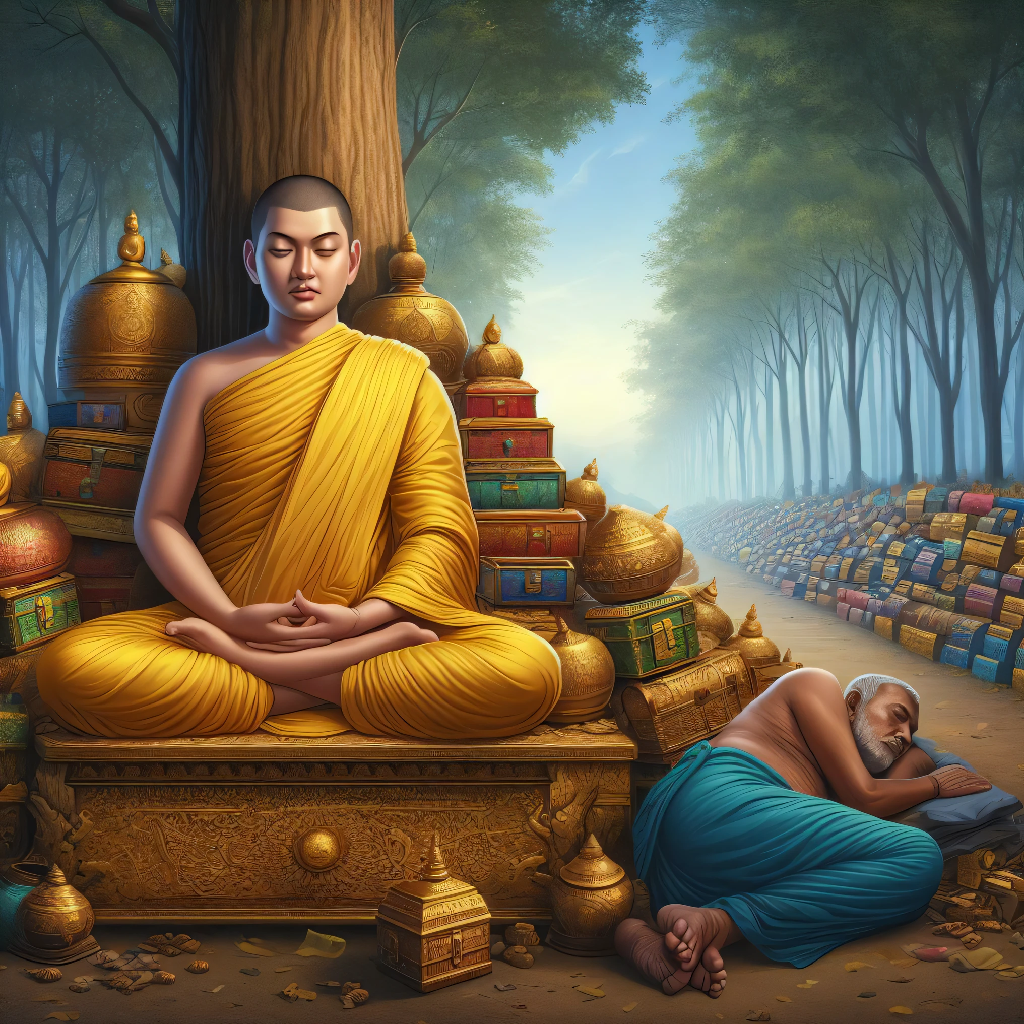 buddhas are sitting on a platform with boxes and boxes around them, monk meditate, buddhist monk meditating, buddhism, samsara, on the path to enlightenment, on path to enlightenment, hindu stages of meditation, buddhist monk, the buddha, buddhist, by Kerembeyit, concept art of a monk, spiritual enlightenment, mystical purity, dharma artifacts