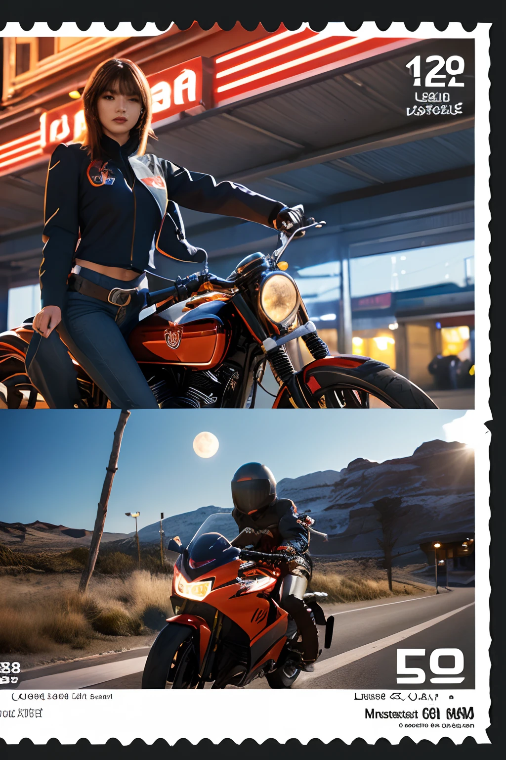 (masutepiece), (Best Quality), (Best Detail), (Far Overview), (Postage stamps),(main color: bright saturated red), (Secondary color: lapis lazuli), Red café racer motorcycle driven by woman with defiant posture, Highly detailed chassis, Futuristic western landscape, Night (many stars, Moon), shading (Detailed, A lot of contrast), very saturated pulp color