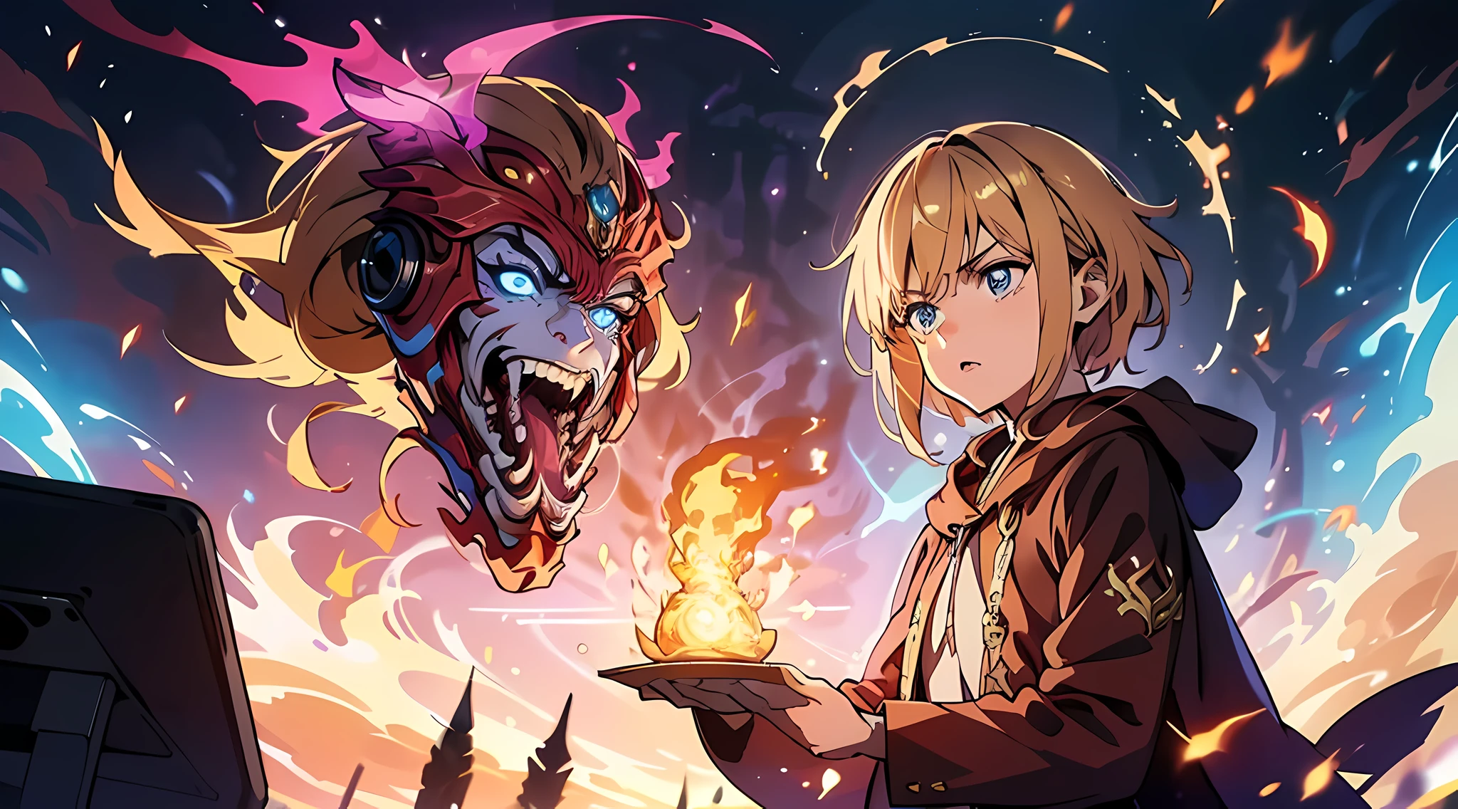 masterpiece, In a world where magic and technology exist side by side, a young man (blonde hair color, short hair) sets out on a journey to hone their skills and uncover the secrets of their powers, beautiful eyes finely detailed, angry facial expression. Along the way, they meet a diverse cast of characters, including other mages, robots, and creatures from beyond their world. As they travel through fantastical lands and face incredible challenges, the mage must learn to harness the full potential of their abilities and unlock the true potential of magic in the modern age. fighting with unknown creatures.