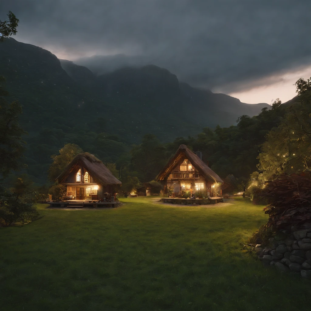 (Professional 3D rendering:1.3) de (Realistic:1.3) Foto de arte mais bonita do mundo,Apresenta small village surrounded by forest, night time, hobbits, grassy, dusk, Lord of the Rings, green white black color palette , (vibrante, fotogrdeia realista, Realistic, Dramatic, Escuro, foco nítido, 8k), --ar 16:9, pintura digital, rendering by octane, art stations, Conceito-Arte, liso, foco nítido, illustration, germe da arte, (Loish:0.23), Wlop Ilya Kuvshinov, e Greg Rutkowski e Alphonse Mucha Gracias, (global ilumination, studiolight, Light Volumetric), chuva forte, floating particles, patife, fantasia, Onze, corpo inteiroesbian, ((Fundo escuro e antigo da cidade:1.3)),CGSesociedade,art stations, night time,