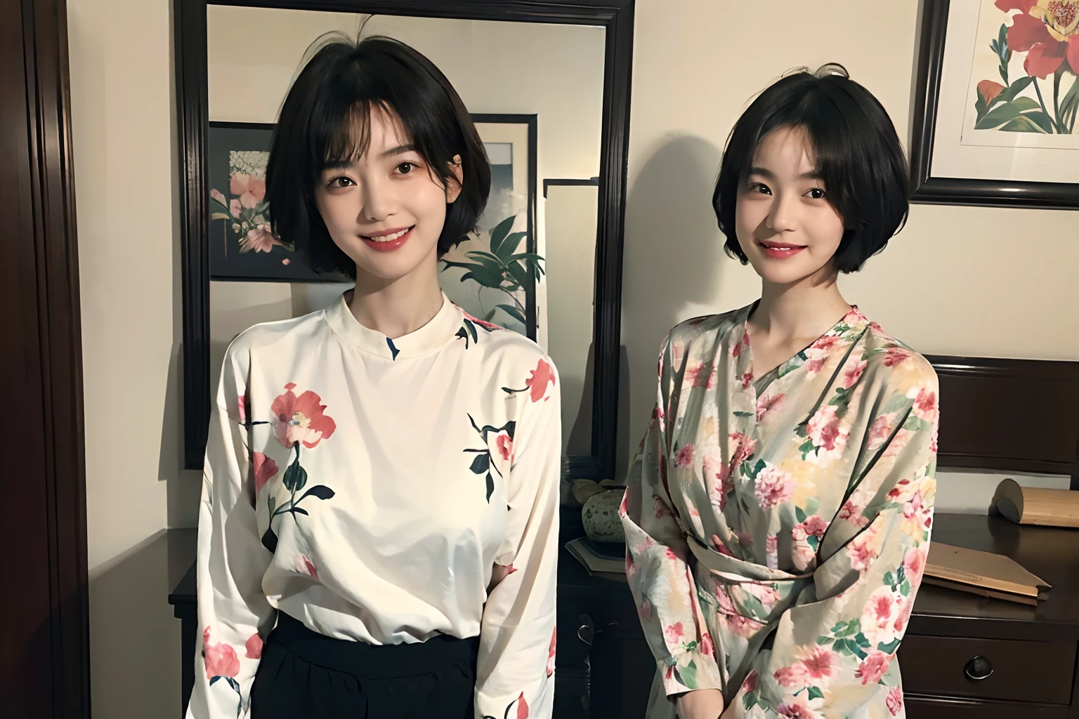 93
(a 20 yo woman,is standing), (A hyper-realistic), (masutepiece), ((short-hair:1.46)), (Smooth black hair), wear long pants, (Wearing a long-sleeved shirt with a floral print), (painterly、picture frame), (Gentle smile), (Keep your mouth shut)