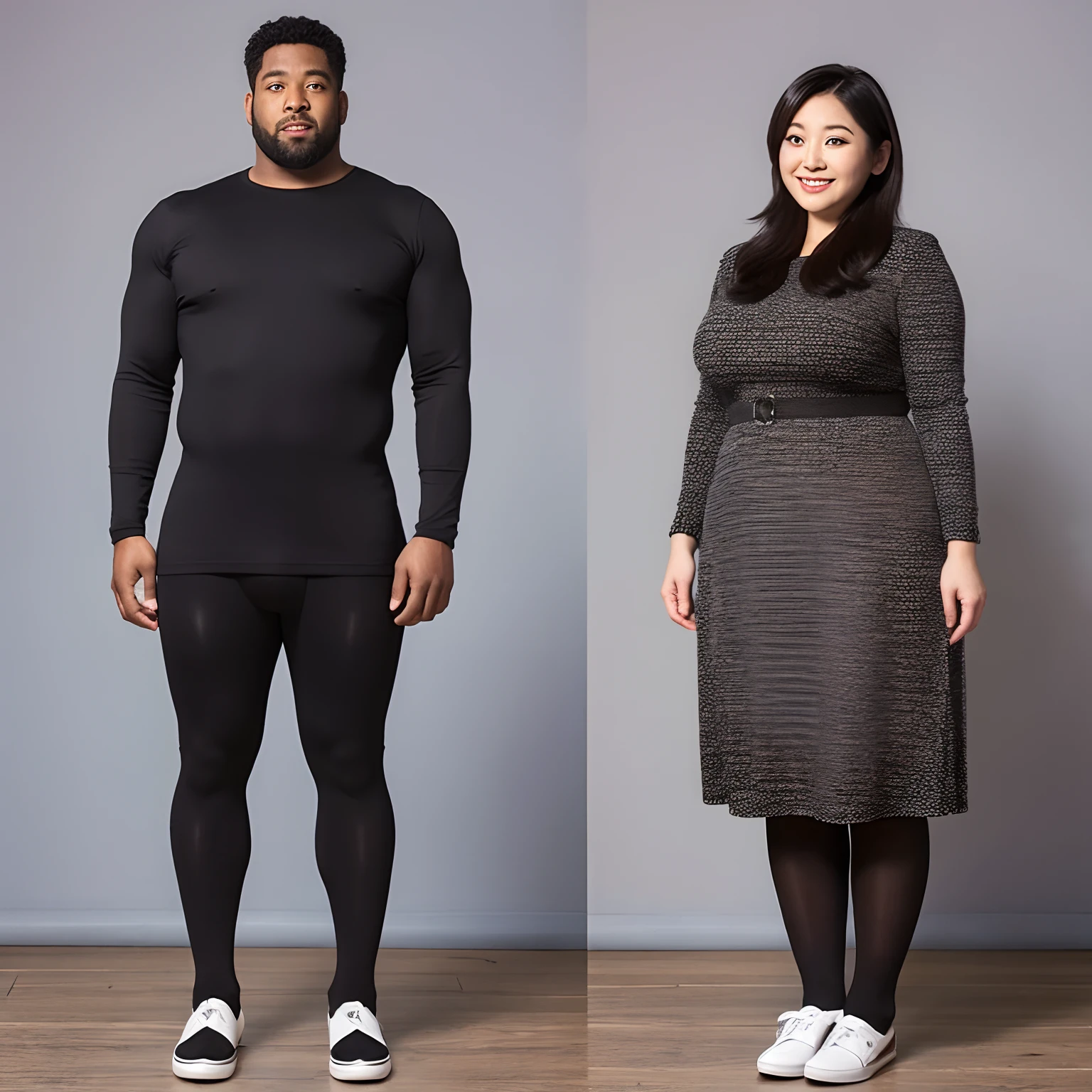 Height 135cm、Super slender Japan woman weighing 25kg、She wears tight-fitting clothes that show her body shape, and she wears thick-soled high heels with a height of 25 cm
and、Height 195cm、A huge black man weighing 150 kg、She wears tight-fitting clothes that show her body shape and thin slippers。
An image showing two people standing side by side