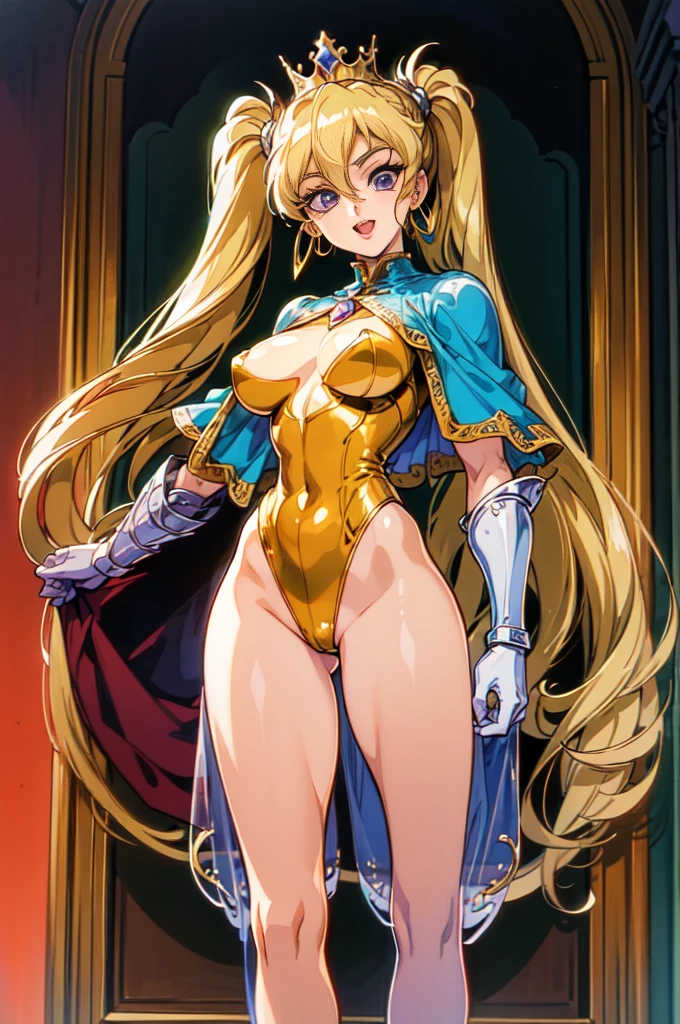 "(masterpiece), best quality,
1girl, (80s anime style:1.5), (eyelashes:1.5),
(intricate high detailed body:1.2),
blonde hair,
(hair between eyes:1.1), (twintails:1.1),
purple eyes, (gothic makeup, red lip stick, eye shadow:1.1),
(muscular body:1.2), (huge breasts:1.1),
light smile, open mouth,
(see-through leotard armor:1.2),
(pauldrons, armored boots, crown:1.2),
(capelet:1.1), (hoop earrings:1.1), gloves,
standing, peace,
(cowboy shot:1.1),
bright, indoors"