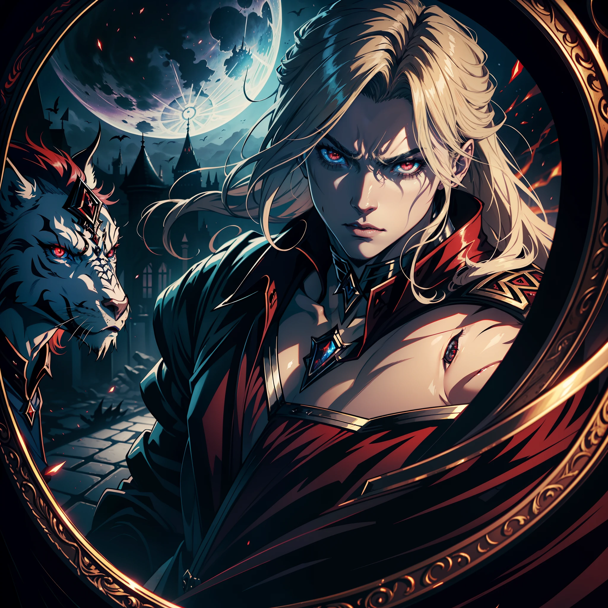 Castlevania Lord of Shadows Hyper Realistic Super Detailed Face Portrait Zoom Sexy Sexy Crystal Red Eyes Beautiful Face Mature Muscular Man Scary Eyes Demonic Mirror Crystal Appearing from Infernal Moon Hyper Realistic Super Detailed Dynamic Shot Master Scene Cutscenes Legendary Epic Movie