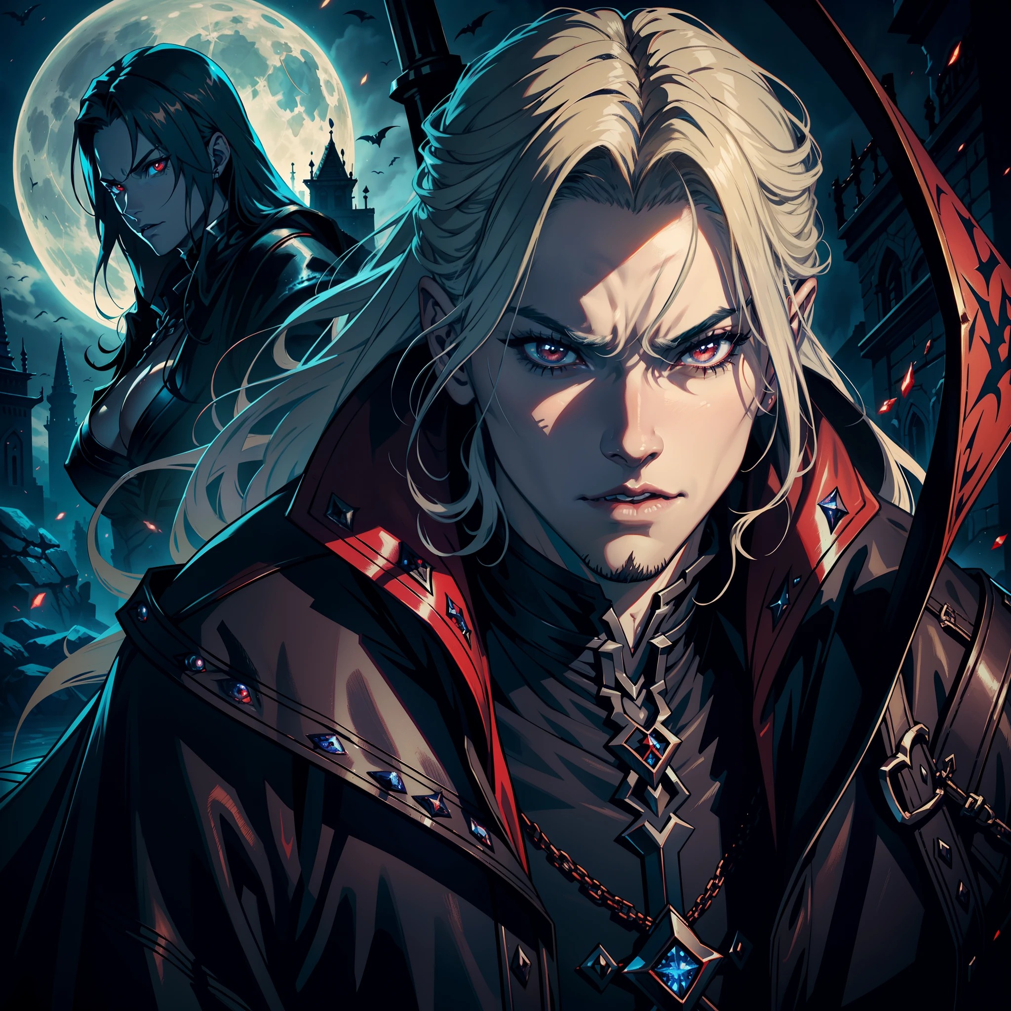 Castlevania Lord of Shadows Hyper Realistic Super Detailed Face Portrait Zoom Sexy Sexy Crystal Red Eyes Beautiful Face Mature Muscular Man Scary Eyes Demonic Mirror Crystal Appearing from Infernal Moon Hyper Realistic Super Detailed Dynamic Shot Master Scene Cutscenes Legendary Epic Movie