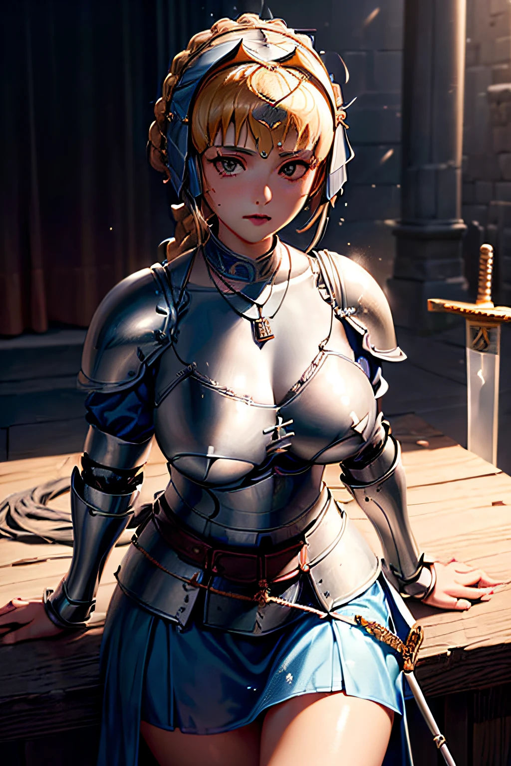 (((Armor and sword of Joan of Arc:1.3))),(((Ancient Western Landscapes:1,3))),(((Armed Girls in Europe:1.3))),(((Enhance your movements with a sword with a motion blur effect:1.3))),(beautiful a girl),Red pleated skirt,breast slip,(blondehair,Ponytail twisted buns adorned with elaborate braids and beads,Fishbone Hair Settings(Setup Fishbone Hair),),(Bangs are see-through bangs),(((emphasizing breasts:1.3))),(Dynamic angles),(Dynamic and sexy poses),(bending forward:1.3),(((Dignified statue))),(((hair pin,a necklace,piercings))),Colossal tits,Blush with embarrassment,Enraptured eyes,skin glistening with sweat,gazing at viewer,Disturbance of clothing due to movement,pointed red mouth,Perfect round face,,Proper body proportion,Intricate details,Very delicate and beautiful hair,photos realistic,Dreamy,Professional Movie Lighting,realistic shadow,Solo Focus,Beautiful hands,Beautiful fingers,Detailed finger features,detailed clothes features,Detailed hair features,detailed facial features,(masutepiece,top-quality,Ultra-high resolution output image,) ,(The 8k quality,),(Image Mode Ultra HD,)