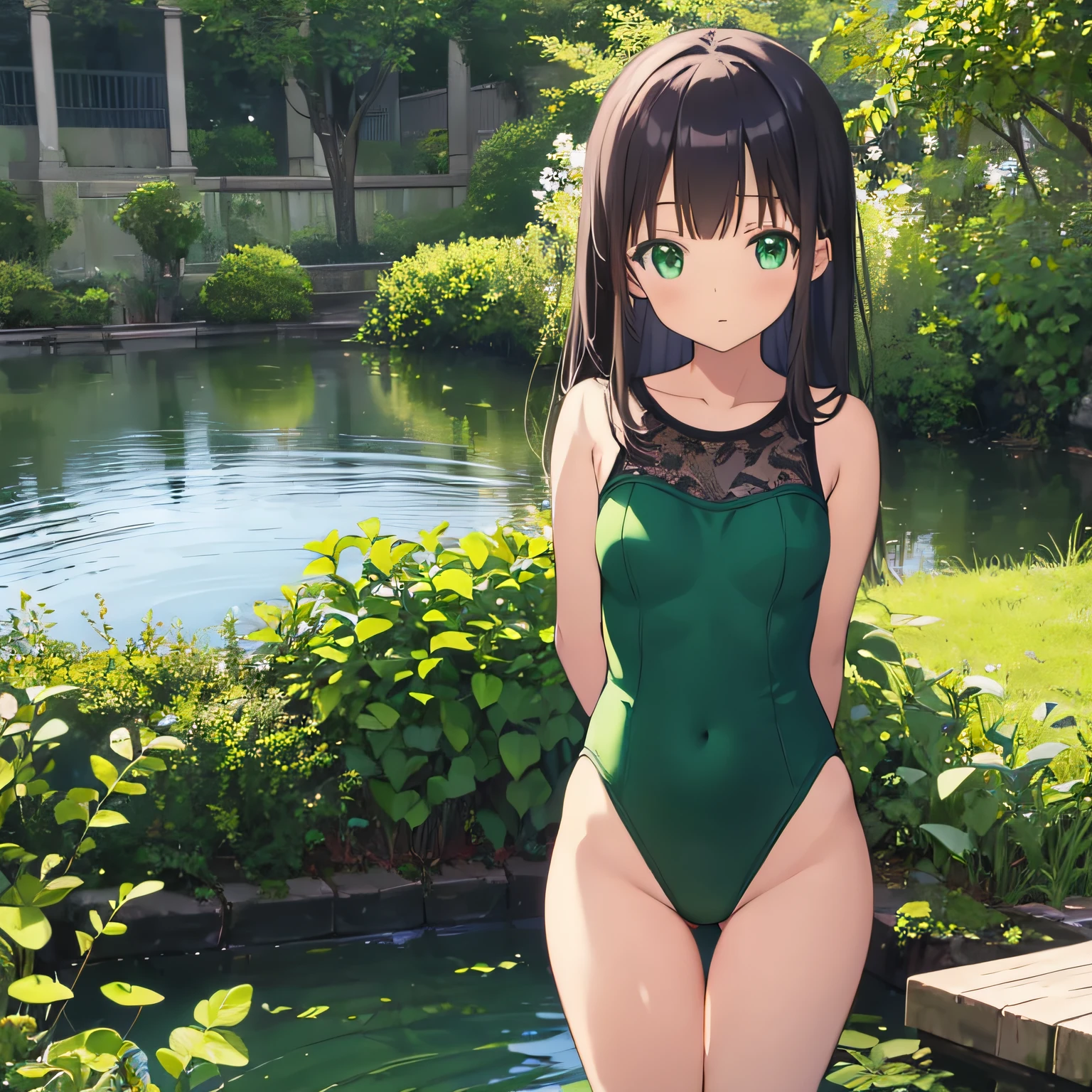 masutepiece, Best Quality, Detailed, Wallpaper, 1girl in, Solo, Green eyes,Green leotard、Pond in the background、is standing