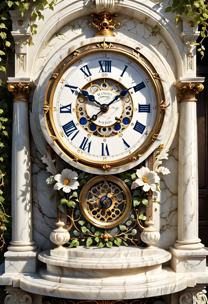 (8K, 16k, Award-winning, Highest quality, Highest resolution, Super detail, High detail, Anatomically correct, Masterpiece),Realistic full-body Greek white marble clock，Ancient chronometric mechanism, delicate craftsmanship , Rare and precious, The intricate details are realistic，Marble clock，detailed carvings,Timeless vintage,Stale and rustic,Ancient craftsmanship,shadows and light,Historical artifacts,Classic chronograph mechanism,Nostalgic,Charm,retro aesthetic,Weathered beauty,Ancient clocks,Ageing elegantly,Stone carving and craftsmanship,Precise marking,Entwined vines and flowers,Entry,Weathered beauty and personality,Backyard Point of Contact,ornate detail,A symbol of eternity,Harmony between past and present,Engraving calligraphy,artistic design+"]，A cinematic scene， 超詳細， Ultra photo realsisim， Bright lights， 8 k''