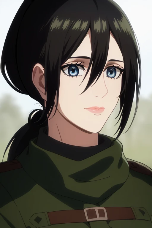 1girl, solo, masterpiece, lips, mature woman, (black hair), round blue eyes, ((highlights in eye)), (ponytail), bangs, eyelashes, wearing green scarf, soldier outfit, sidelocks, beautiful