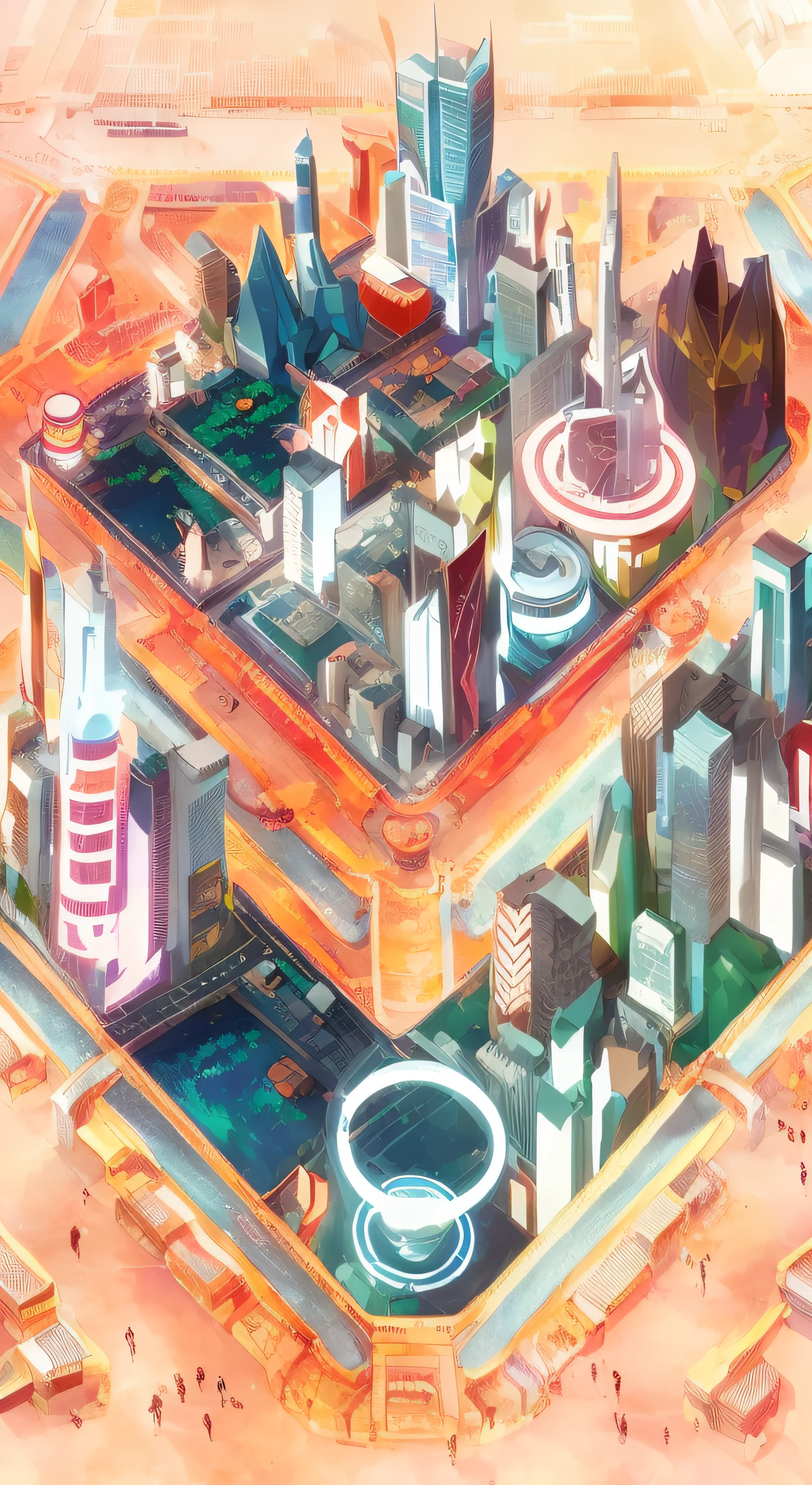 An illustration of a city with a lot of buildings and a lot of people, isometric futuristic game, isometric 8k, isometric game art, incredible isometric screenshot, metaverse concept art, isometric illustration fun, Futuristic city, Tokyo City equidistant, colorful dystopian futurism, The future city, futuristic urban background, rivers. space colony