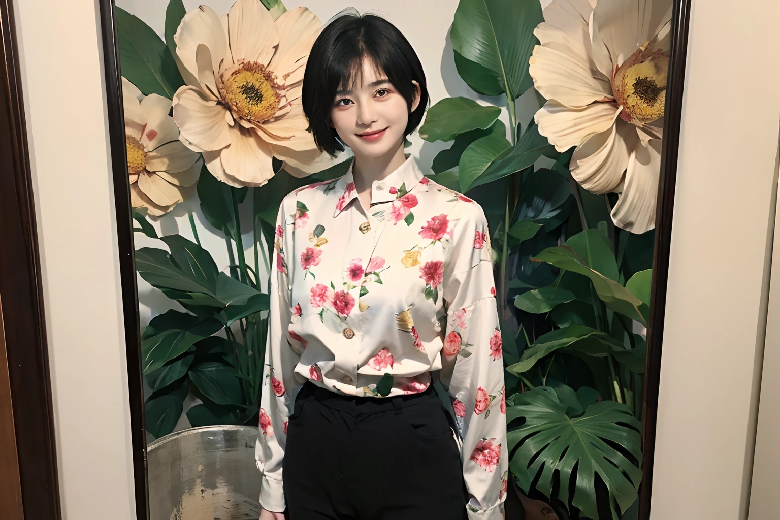 93
(a 20 yo woman,is standing), (A hyper-realistic), (masutepiece), ((short-hair:1.46)), (Smooth black hair), wear long pants, (Wearing a long-sleeved shirt with a floral print), (painterly、picture frame), (Gentle smile), (Keep your mouth shut)