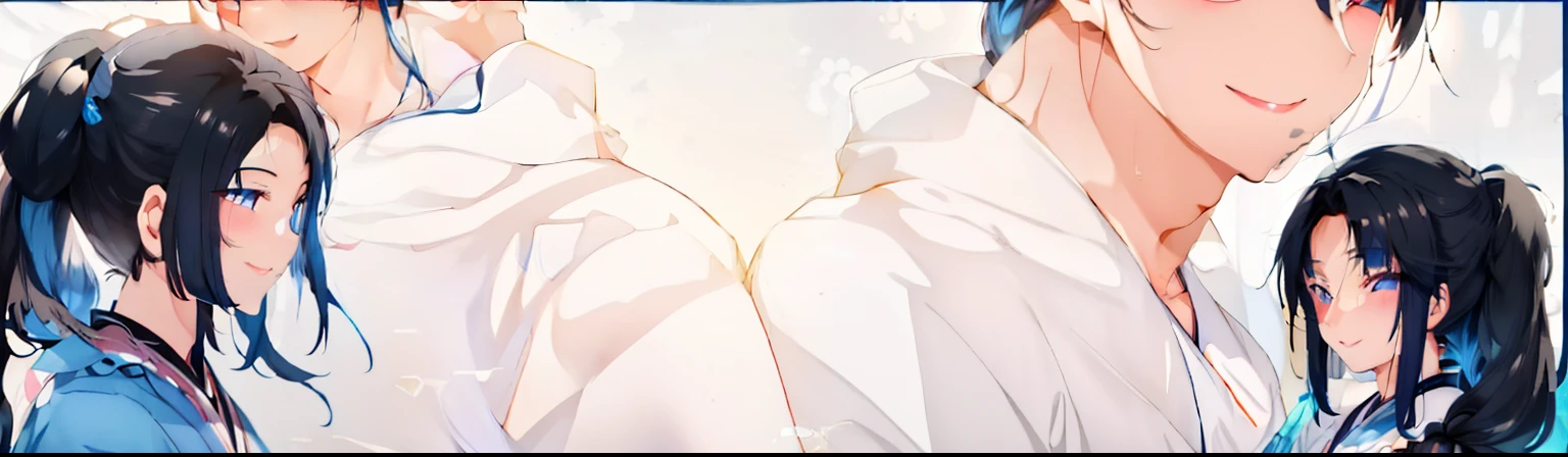 The boy on the left has a blue ponytail, and the girl on the right has long black hair. The two smiled at each other, sideways, sideways. Japanese anime style, HD face, good-looking face, super detail, accurate, best quality