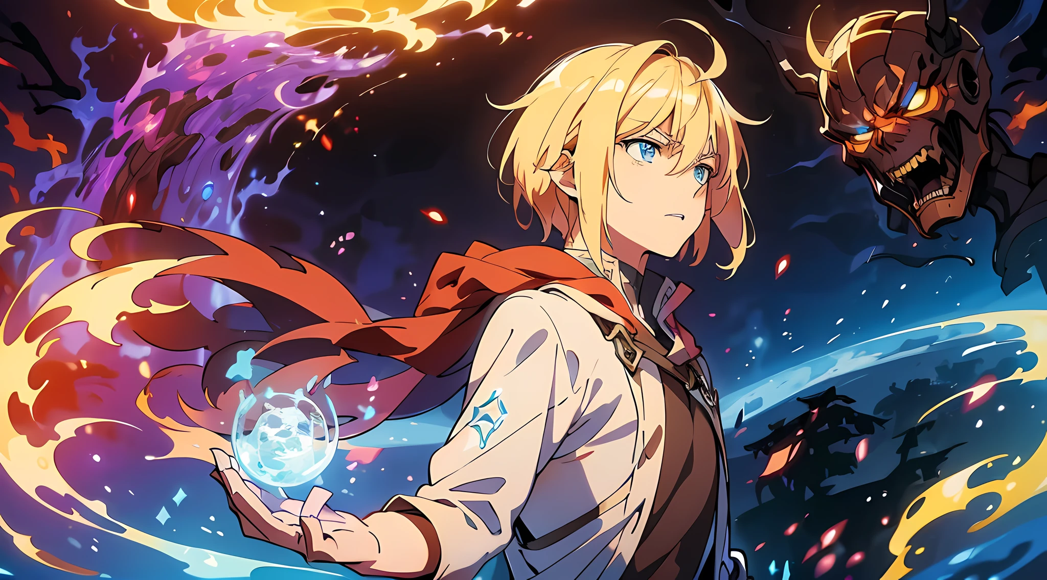 masterpiece, In a world where magic and technology exist side by side, a young man (blonde hair color, short hair) sets out on a journey to hone their skills and uncover the secrets of their powers, beautiful eyes finely detailed, angry facial expression. Along the way, they meet a diverse cast of characters, including other mages, robots, and creatures from beyond their world. As they travel through fantastical lands and face incredible challenges, the mage must learn to harness the full potential of their abilities and unlock the true potential of magic in the modern age. fighting with unknown creatures.
