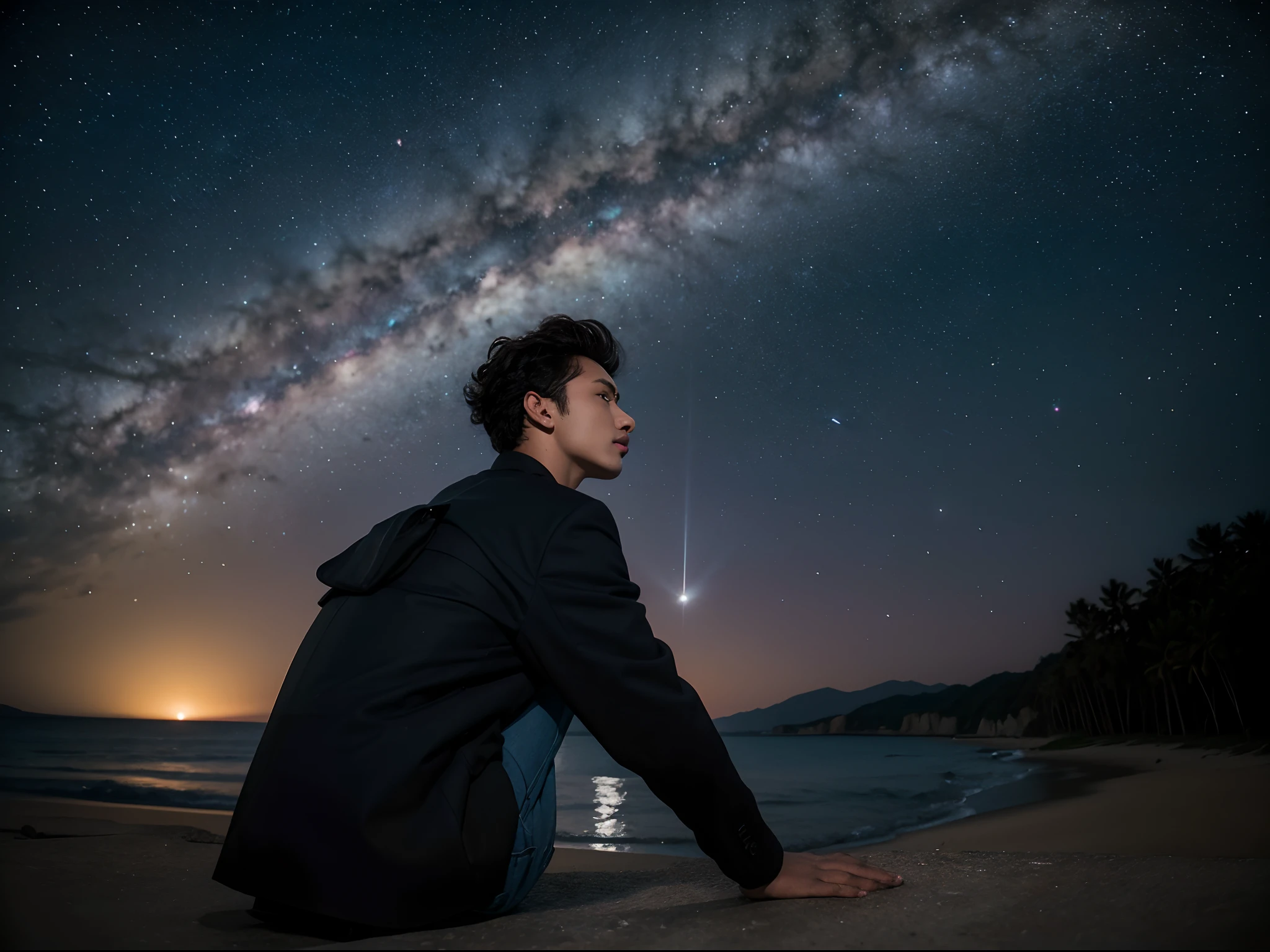 Realistic image of a black 19-year-old boy (dark skin color) Curls form tassels on the forehead, He was alone，with his back to the viewer，Look at the background of the Milky Way and the very detailed Metatron mandala. Use the ultimate quality, Vivid colors and realism. He lay on his back，Hands in your pockets，Look at the bottom of the Milky Way. He looked at the Milky Way, He avoids eye contact with the audience, He was on the coast.