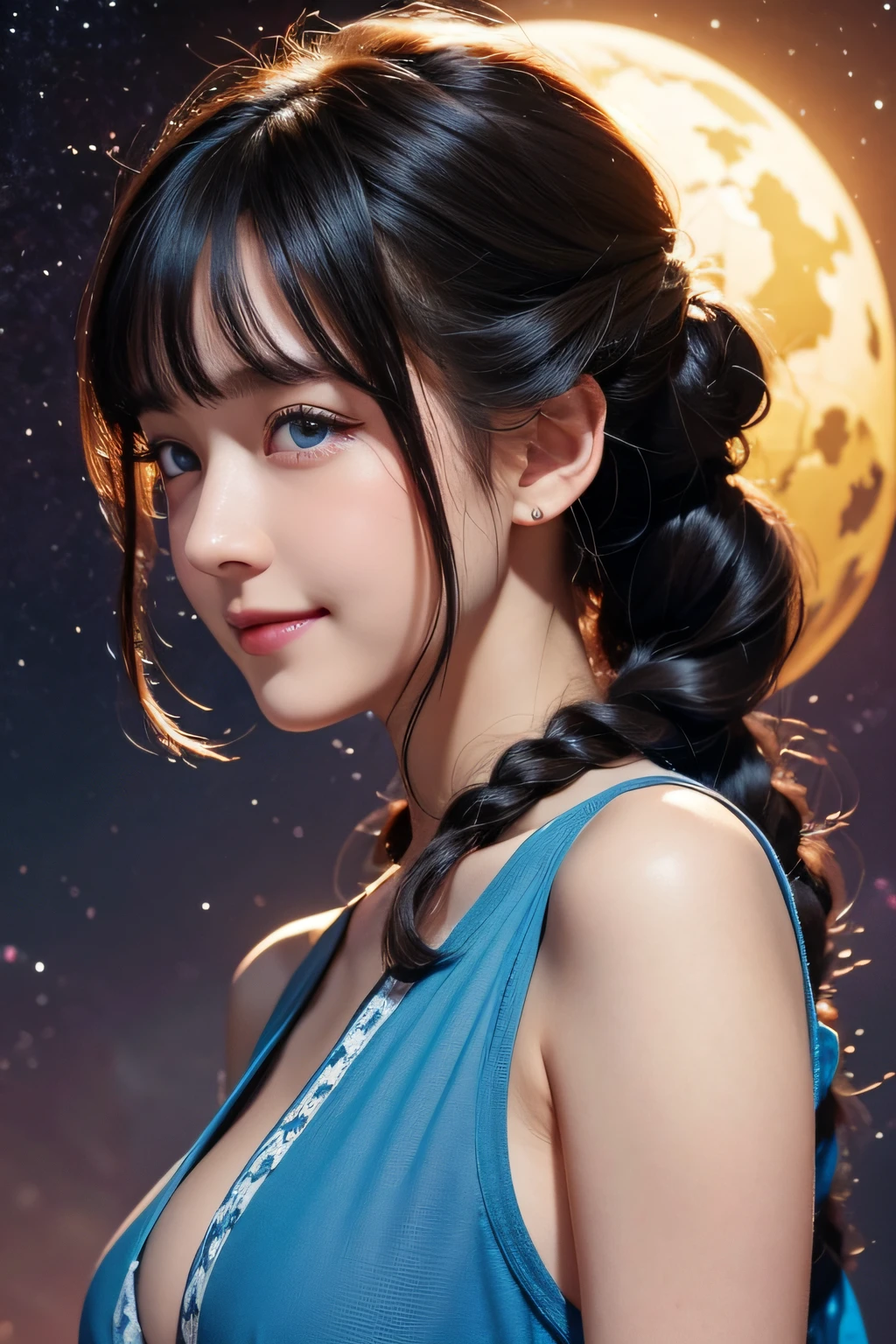 Black hair, Anime, Ghibli, Anime style, close up, From Side, One-person viewpoint, 8K, Super Detail, masutepiece,Super Detail, High quality, High resolution, high detailing, Outer space background, Face Detail, Happiness, Curly hair, Blue eyes、With smiling eyes、Curly hair in braids、poneyTail、drooping bangs