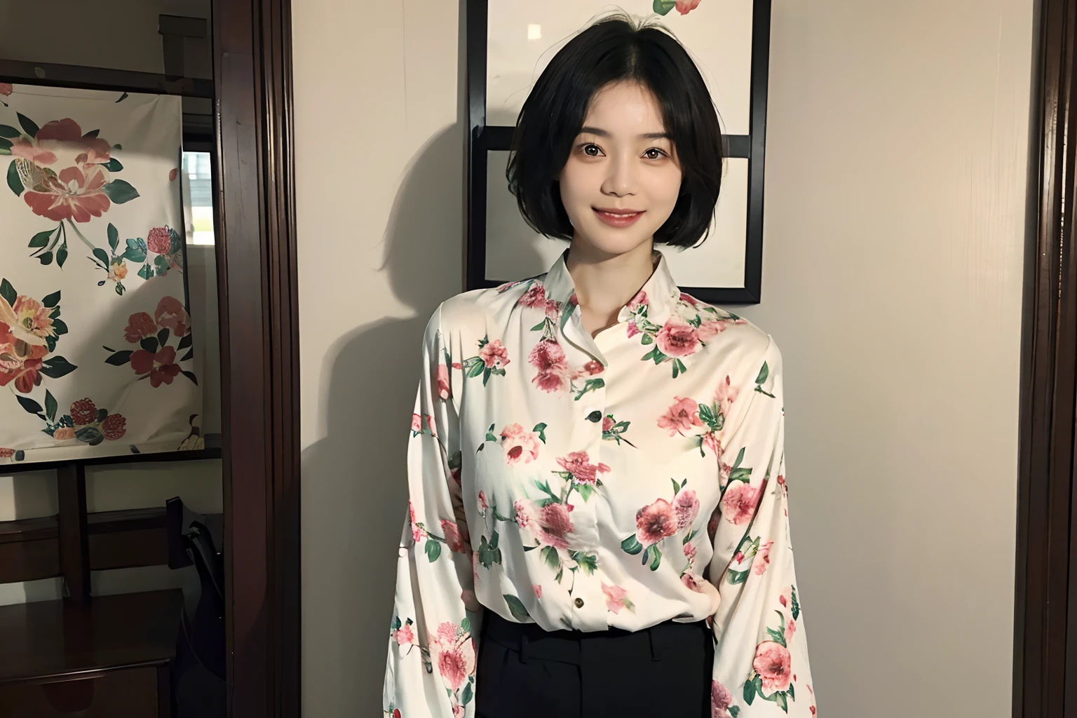 93
(a 20 yo woman,is standing), (A hyper-realistic), (masutepiece), ((short-hair:1.46)), (Smooth black hair), wear long pants, (Wearing a long-sleeved shirt with a floral print), (painterly、picture frame), (Gentle smile), (Keep your mouth shut)