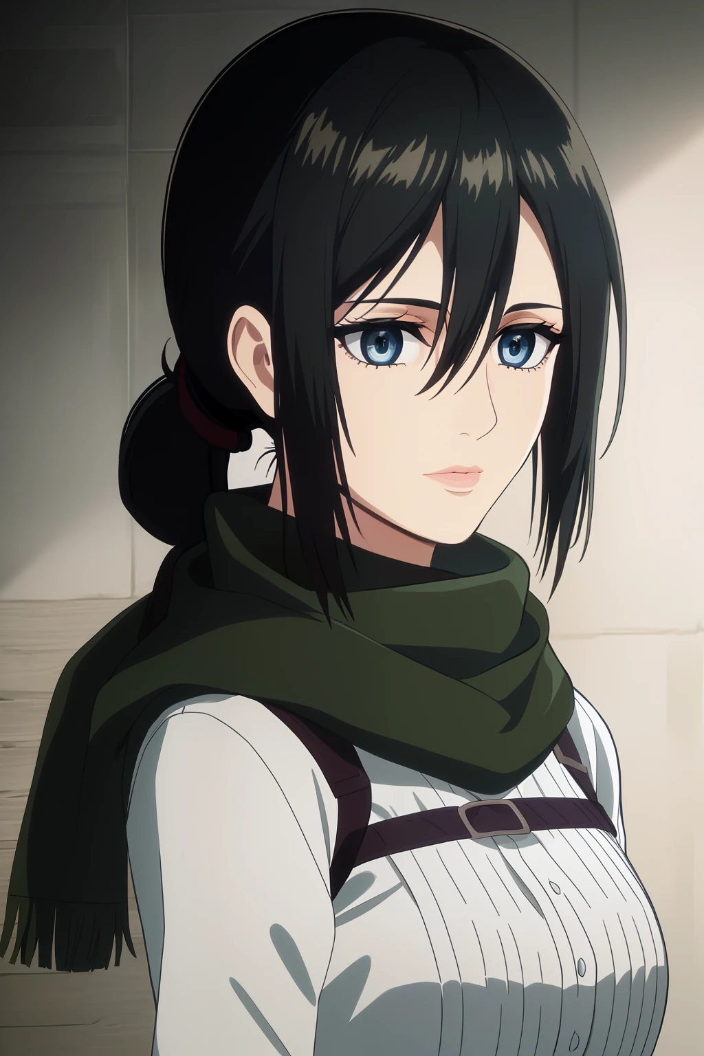 1girl, solo, masterpiece, lips, mature woman, (black hair), round blue eyes, ((highlights in eye)), (ponytail), bangs, eyelashes, wearing green scarf, soldier outfit, sidelocks, beautiful