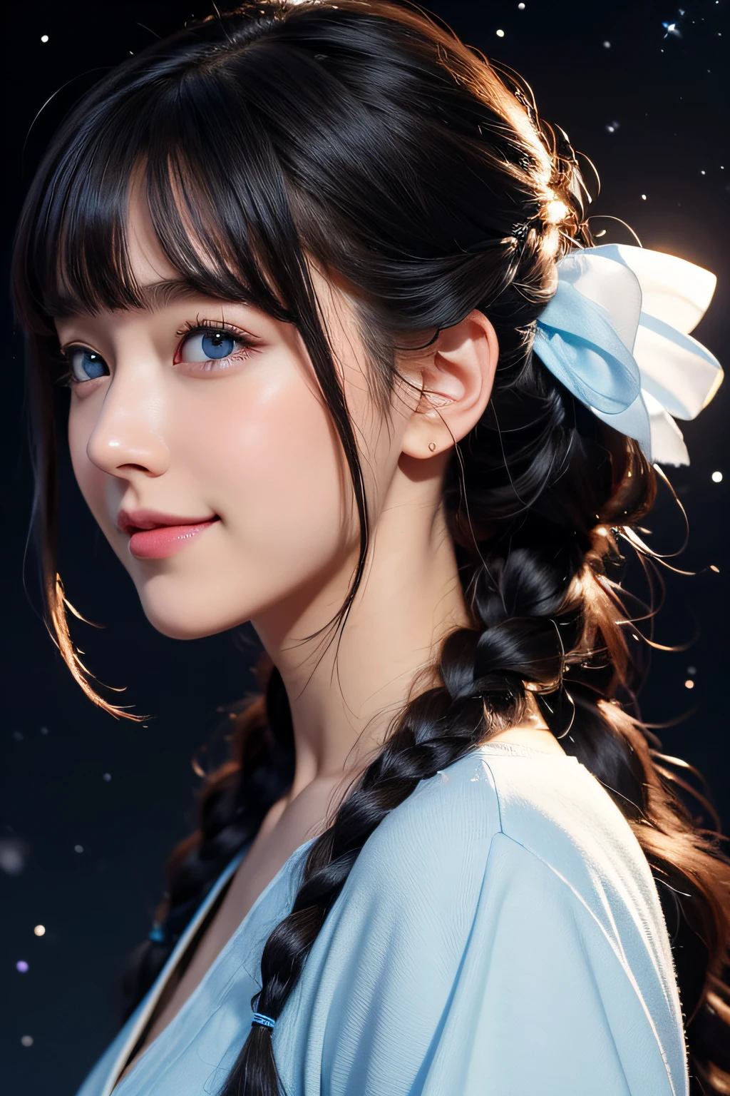 Black hair, Anime, Ghibli, Anime style, close up, From Side, One-person viewpoint, 8K, Super Detail, masutepiece,Super Detail, High quality, High resolution, high detailing, Outer space background, Face Detail, Happiness, Curly hair, Blue eyes、With smiling eyes、Curly hair in braids、poneyTail、drooping bangs