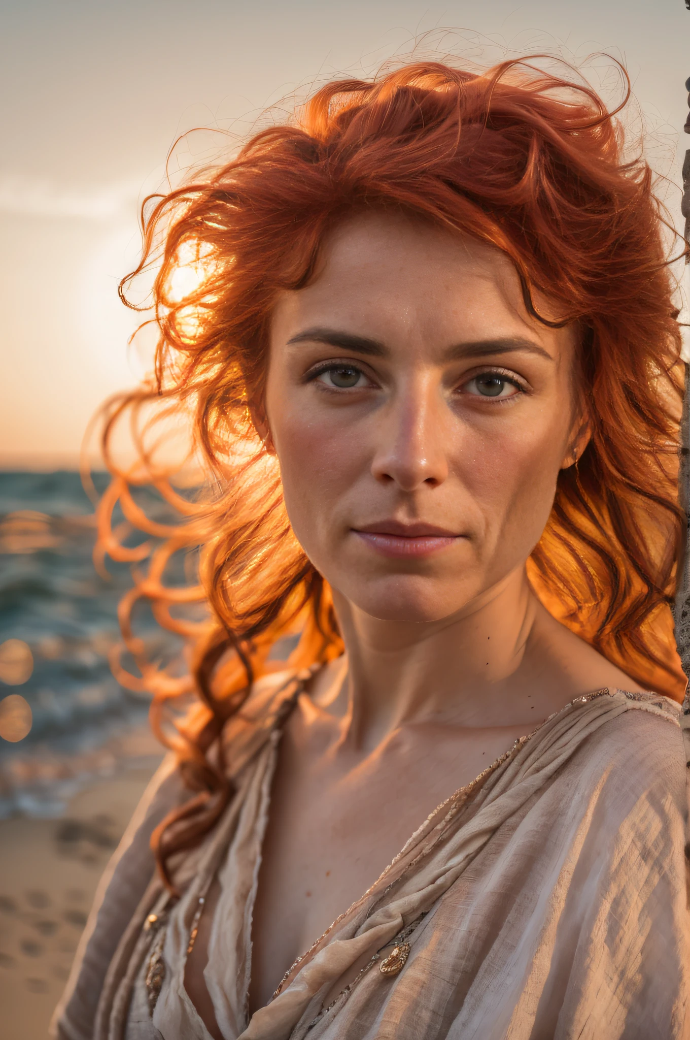 Portrait of the navel at the head of a red-haired French woman of 20 years, small build, dressed in an antique Roman dress drapped in unbleached linen, on a beach, sexual expression, slight smile in the corner, sunset, cinematic rendering, 32K, RAW