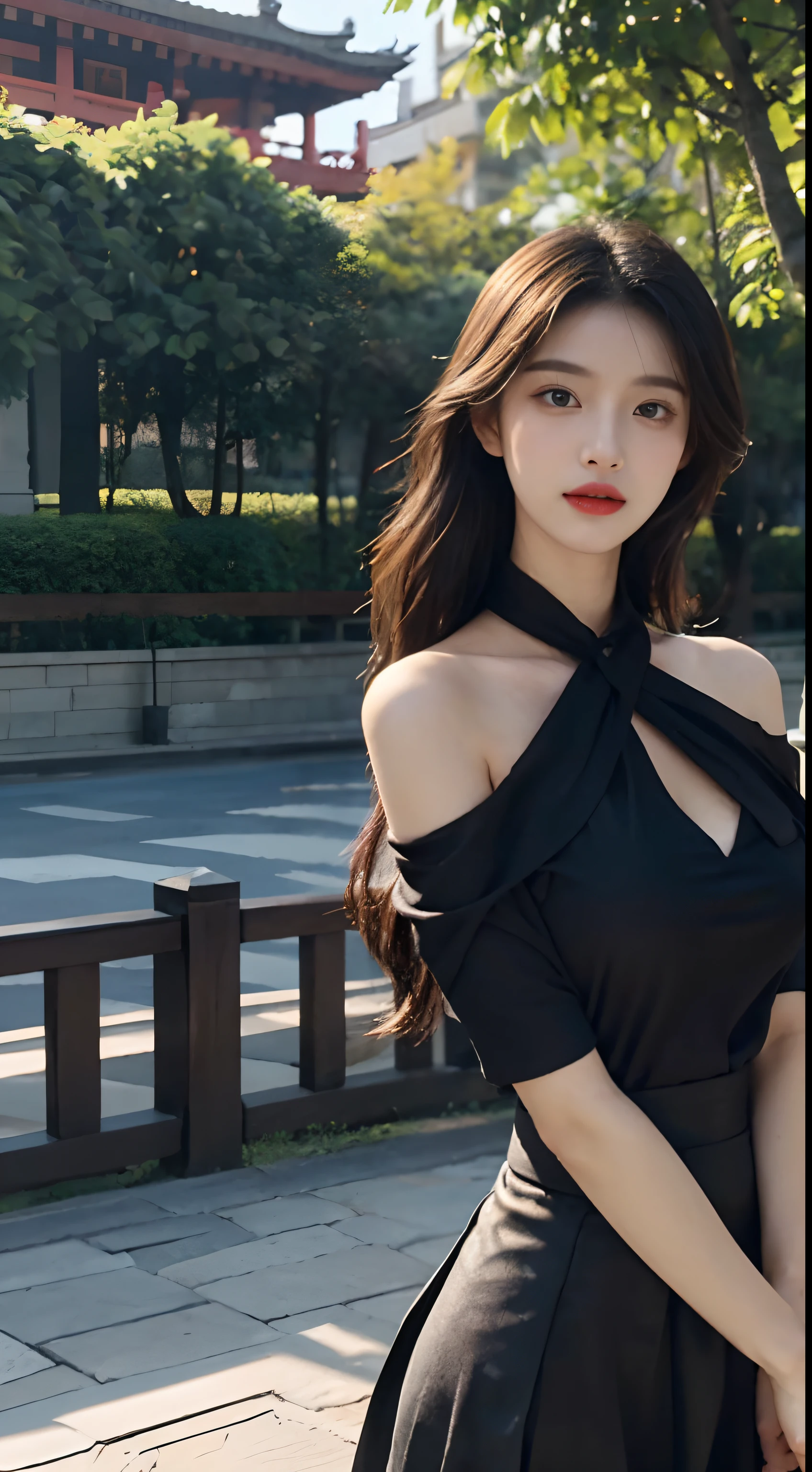 A perfect young female white-collar worker,Chinese big breasts,High picture quality,Works of masters,Black hair,Long hair shawl,Long hair flowing over the shoulders,Beach wave hairstyle,cropped shoulders,鎖骨,exquisite face,Moist red lip black silk, Wrap skirt, short sleeved shirt,stocklings,Real Human,CG rendering,16k,Stand up,Suzhou Garden,On the bridge,Do not show your hands,Close-up shot