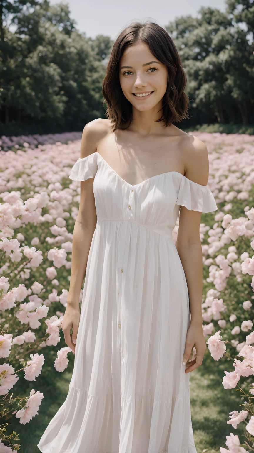 (jenna), Best quality, masterpiece, ultra high resolution (photorealistic: 1.4), raw photo, 1 girl, white dress, bare shoulders, field of pink flowers in bloom, glowing skin, slight smile